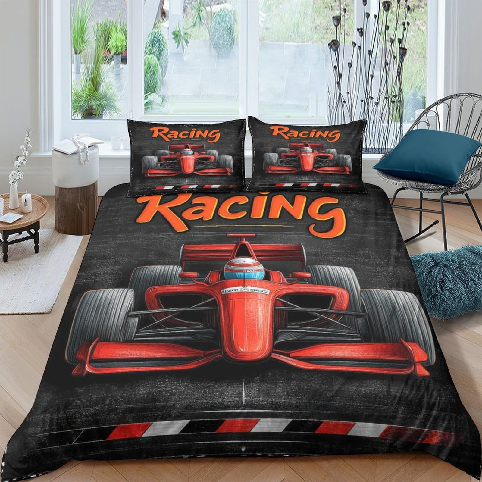 Ctjqhvkz Style-7 3D Printed Red Formula Racing Car Fitted Sheet Microfiber Soft Bed Cover For Bedroom Dorm Mattress Protection Decor Single（135X200cm）