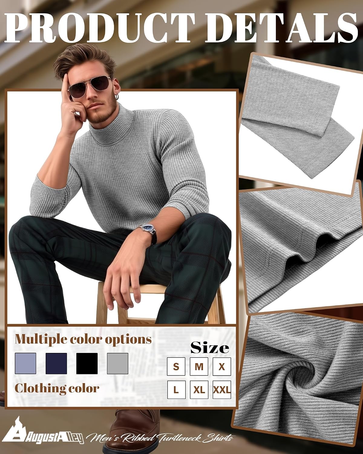 August Alley 4 Pack Men's Ribbed Turtleneck Shirts, Cotton Long Sleeve Slim Fit Mock Neck Tops Lightweight Pullover Sweaters
