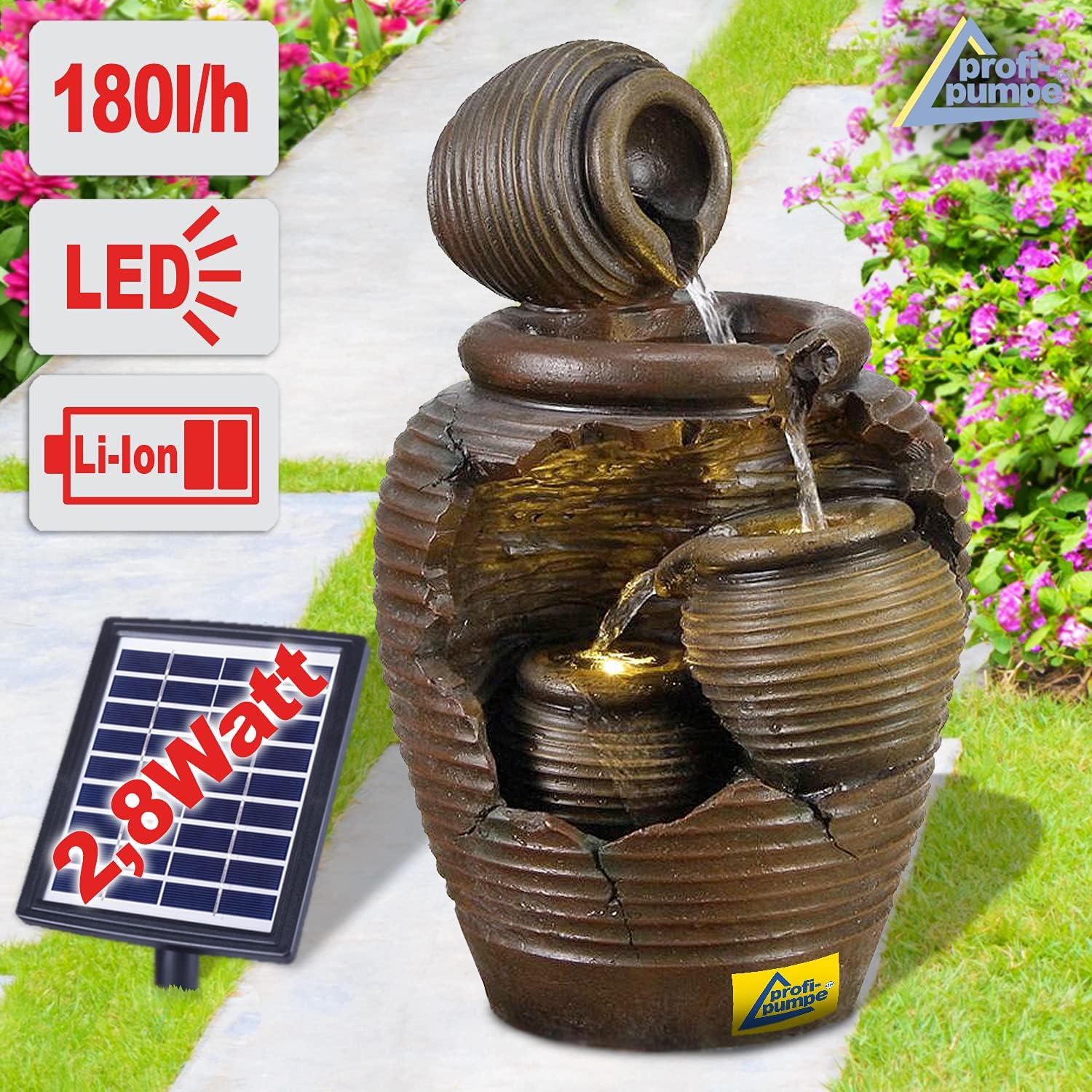 Fontana solare da giardino, fontana solare, 4 anfore con luce LED, fontana decorativa, cascata, luce da giardino, pompa per laghetto per terrazzo, balcone, con pompe