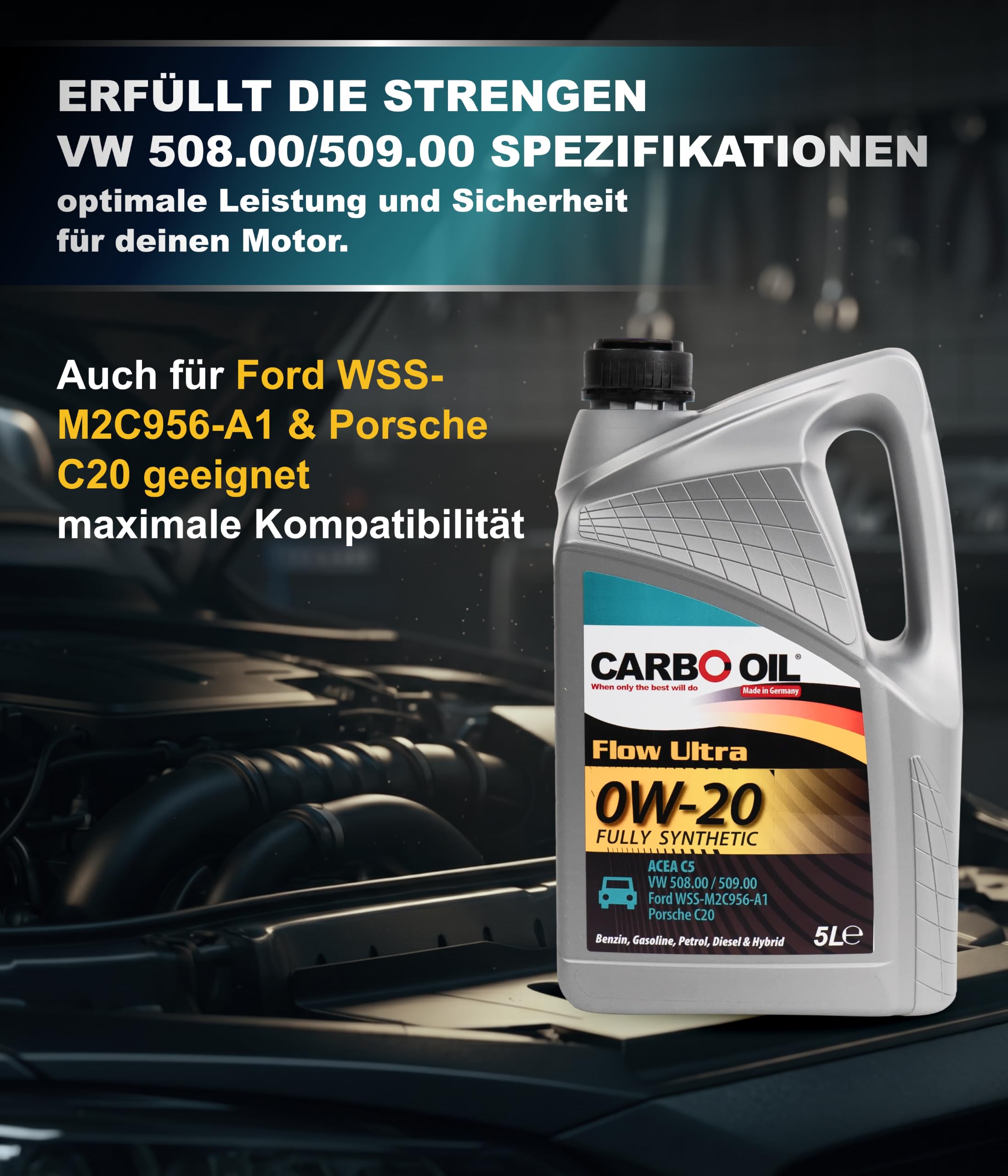 Motoröl 0W20 VW 508/509 (5L) – Vollsynthetisch, Kraftstoffsparend, schneller Kaltstart, lange Ölwechselintervalle – Motorenöl für Autos, VW und Audi 0W20 Öl – Made in Germany