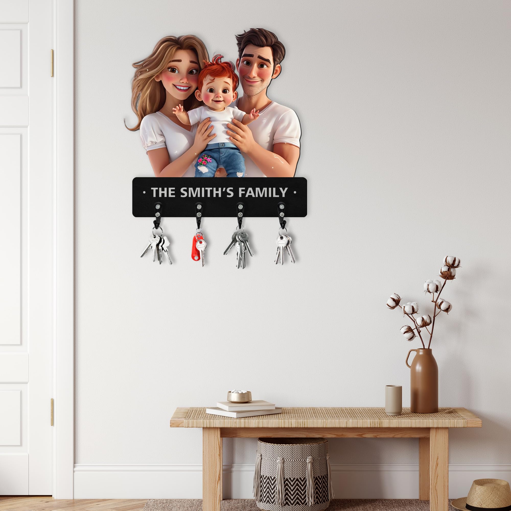 Colgador Llaves Pared, Llavero de madera Personalizado con Foto Estilo Dibujo, Cuelga Llaves Pared con Estante, Colgador Llaves para Guardar Objetos Pequeños Como Llaves en la Entrada