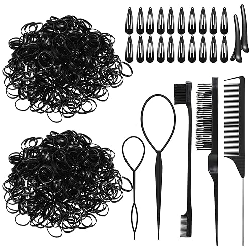 2000 bandas de goma negras para el cabello con 27 herramientas de peinado, pequeñas bandas elásticas para el cabello con cola Topsy Herramientas