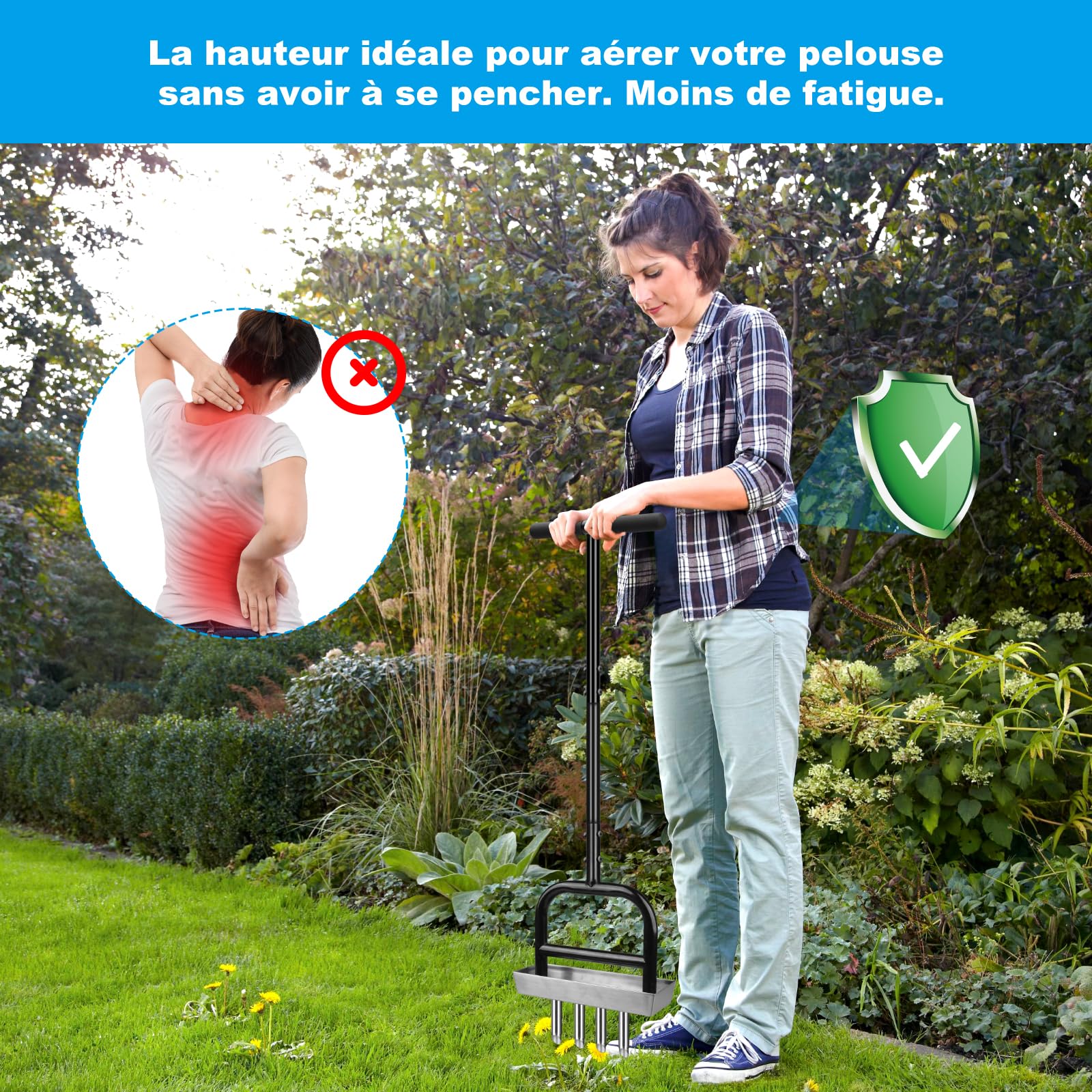 Aérateur de pelouse à 4 trous avec plaque de rangement - Acier au carbone revêtu par pulvérisation + aiguilles creuses en acier inoxydable - Effet levier - Ameublement du sol pour le jardin et