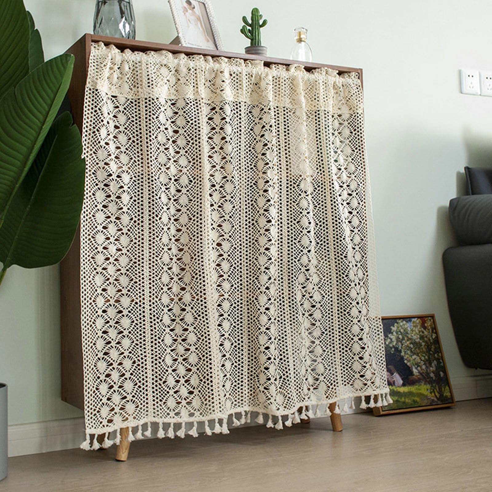 Epinki Zazdrostki i krótkie zasłony łazienkowe, beżowe, półprzezroczyste, styl vintage, boho, kwiatowy wzór z frędzlami, poliester, bawełna, zasłona woalowa, 1 sztuka, 150 x 120 cm (szer. x wys.)