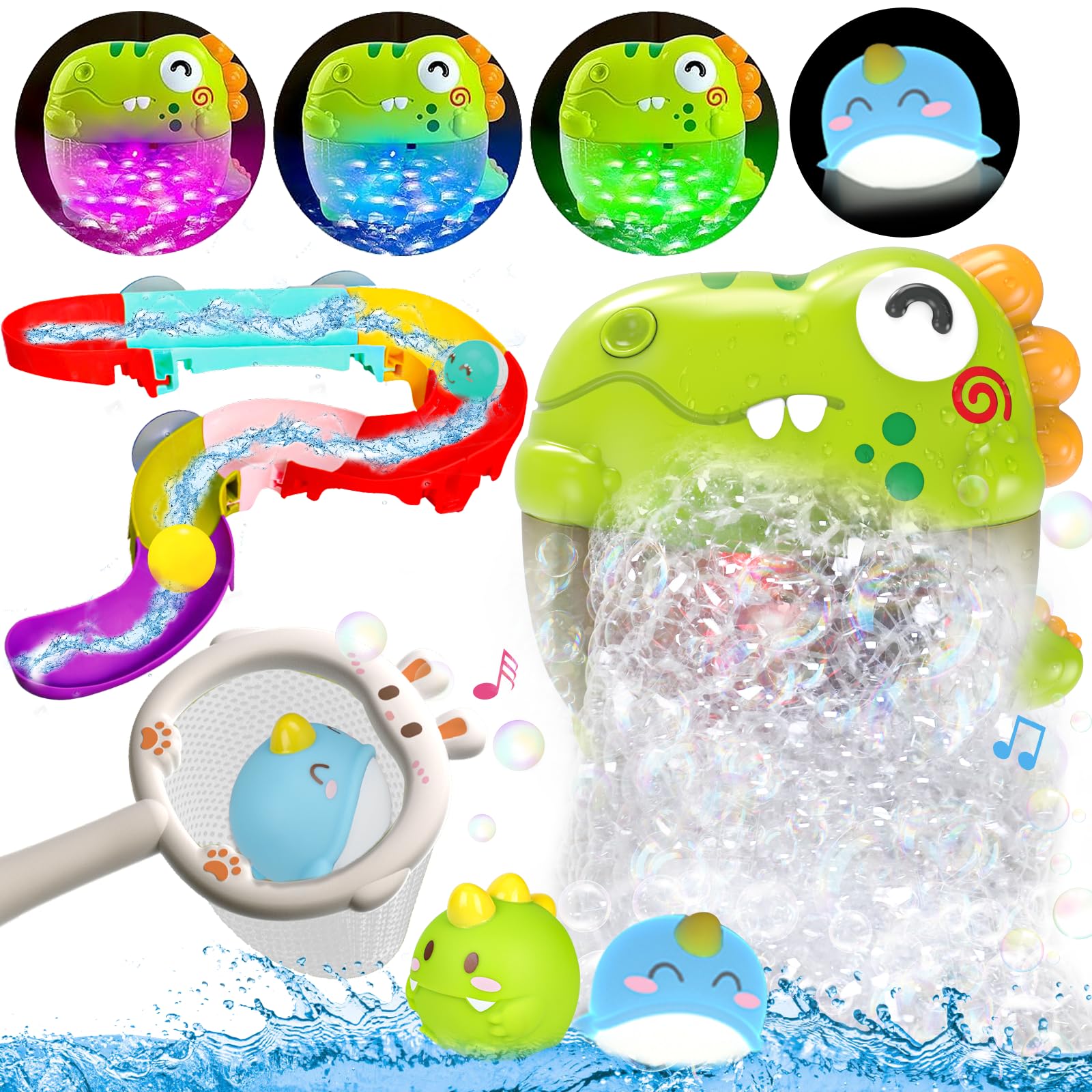 Toddler Bubbles Bath Toys, Light Up Bath Toy for Kids Age 1-3 Baby Bathtub Tub Toy Slide Track Dinosaur Bubble Machine Maker with Music Floating Animal Shower Toys Summer Outdoor Gift Boy Girl Age 2-5