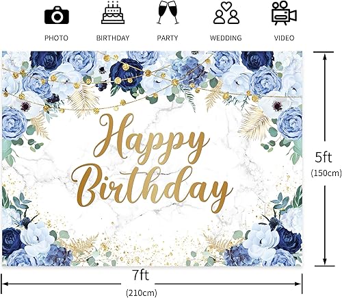 Miniatura 5 de LIGHTINHOME Fondo de cumpleaños azul para mujer, 7 pulgadas de ancho x 5 pulgadas de alto, pancarta de feliz cumpleaños para niña, acuarela, floral,