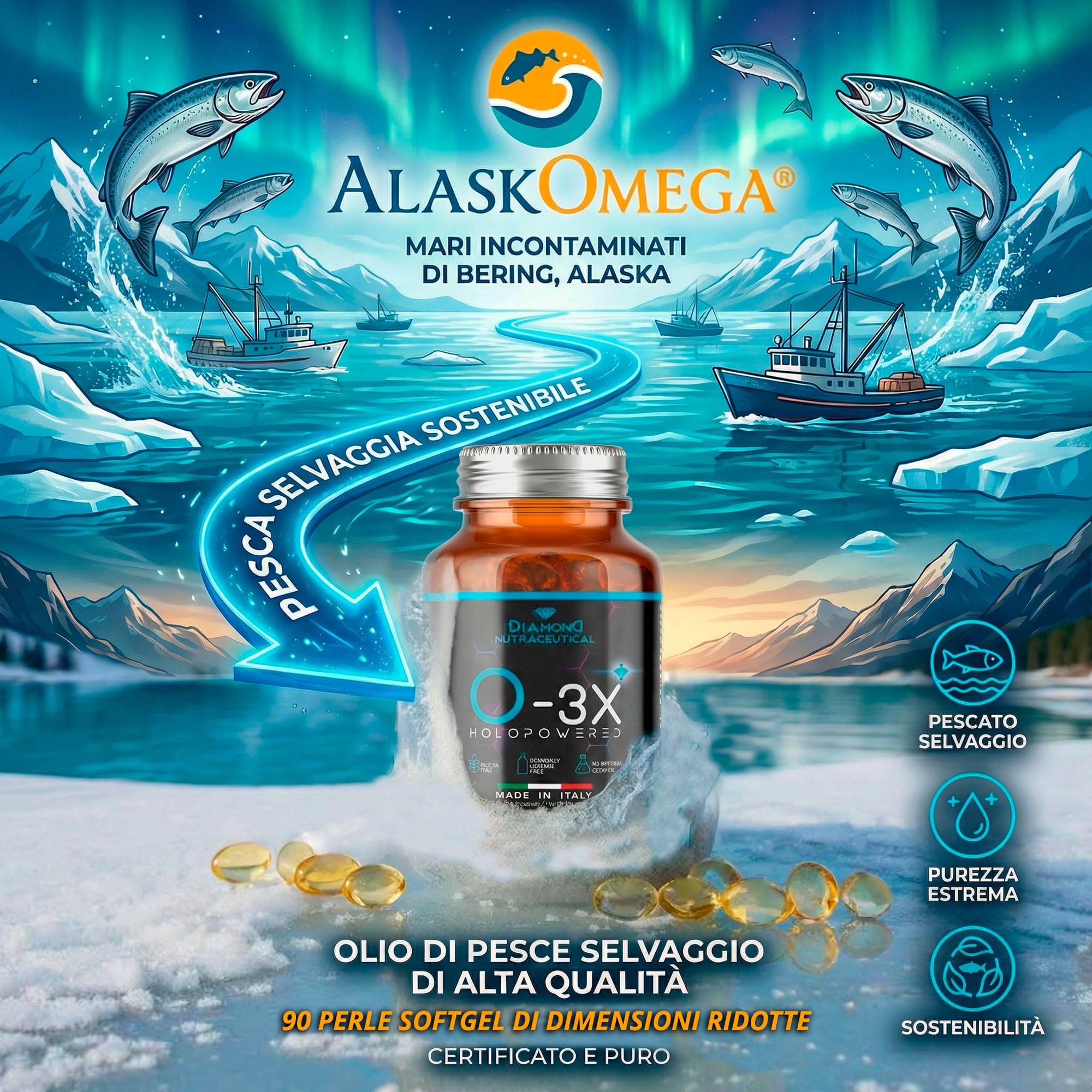 DIAMOND O-3X | Omega 3 Alaska Potenziato da Olio di Pesce Selvaggio Ultra Puro Distillazione Molecolare a Freddo Senza Retrogusto | Alta Concentrazione EPA+DHA - 90 Softgel