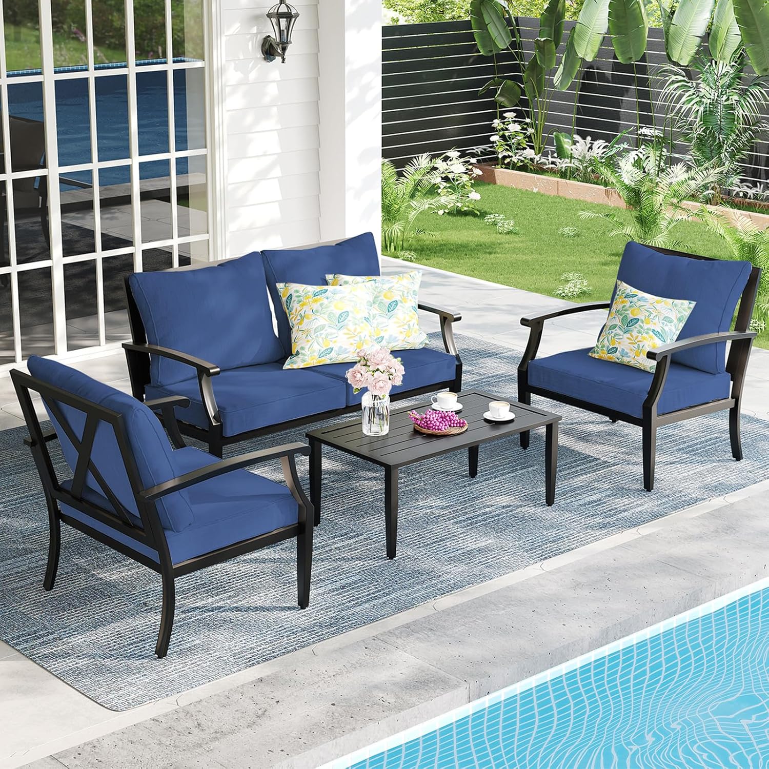 4-Piece Patio Furniture Set, Wider Outdoor Metal Seating Sofa with High Back & Loveseat, Coffee Table, All Weather Metal Conversation Set for Backyard, Poolside, Deck-Beige