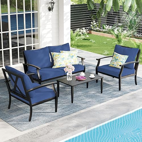 4-Piece Patio Furniture Set, Wider Outdoor Metal Seating Sofa with High Back & Loveseat, Coffee Table, All Weather Metal Conversation Set for Backyard, Poolside, Deck-Navy