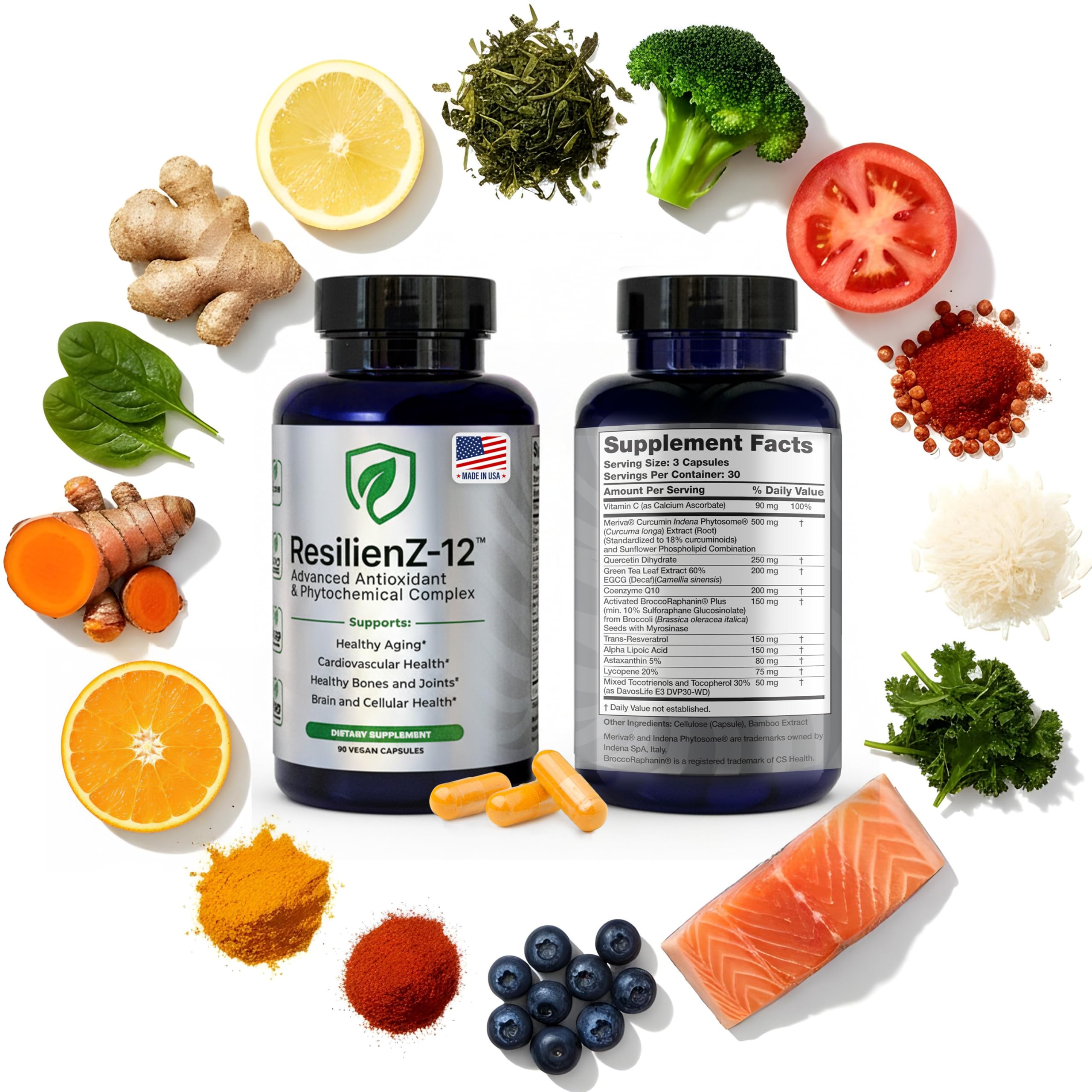 ResilienZ-12 Healthy Aging Cellular Health 12-in-1 Longevity Antioxidant Complex w Meriva Curcumin Phytosome Sulforaphane CoQ10 EGCG Resveratrol Quercetin