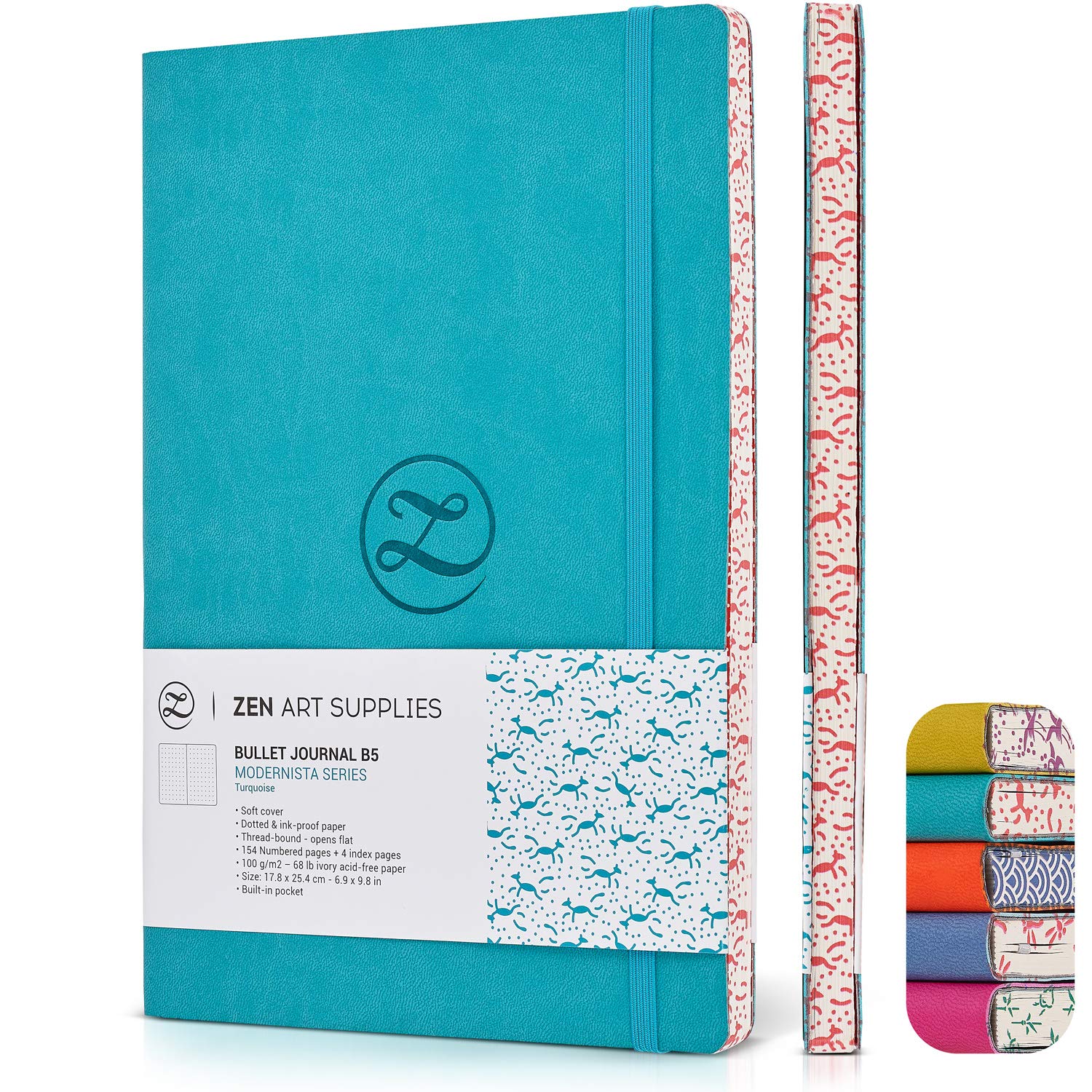 ZenART Faux Leather Dotted Journal - B5 Sized, 7 x 10-inch, Non-Bleed 120gsm Premium Paper, Fountain Pen Proof, Notebook with Vibrant Colors, Japanese Edge Motif - Lay Flat, with Grid for Journa