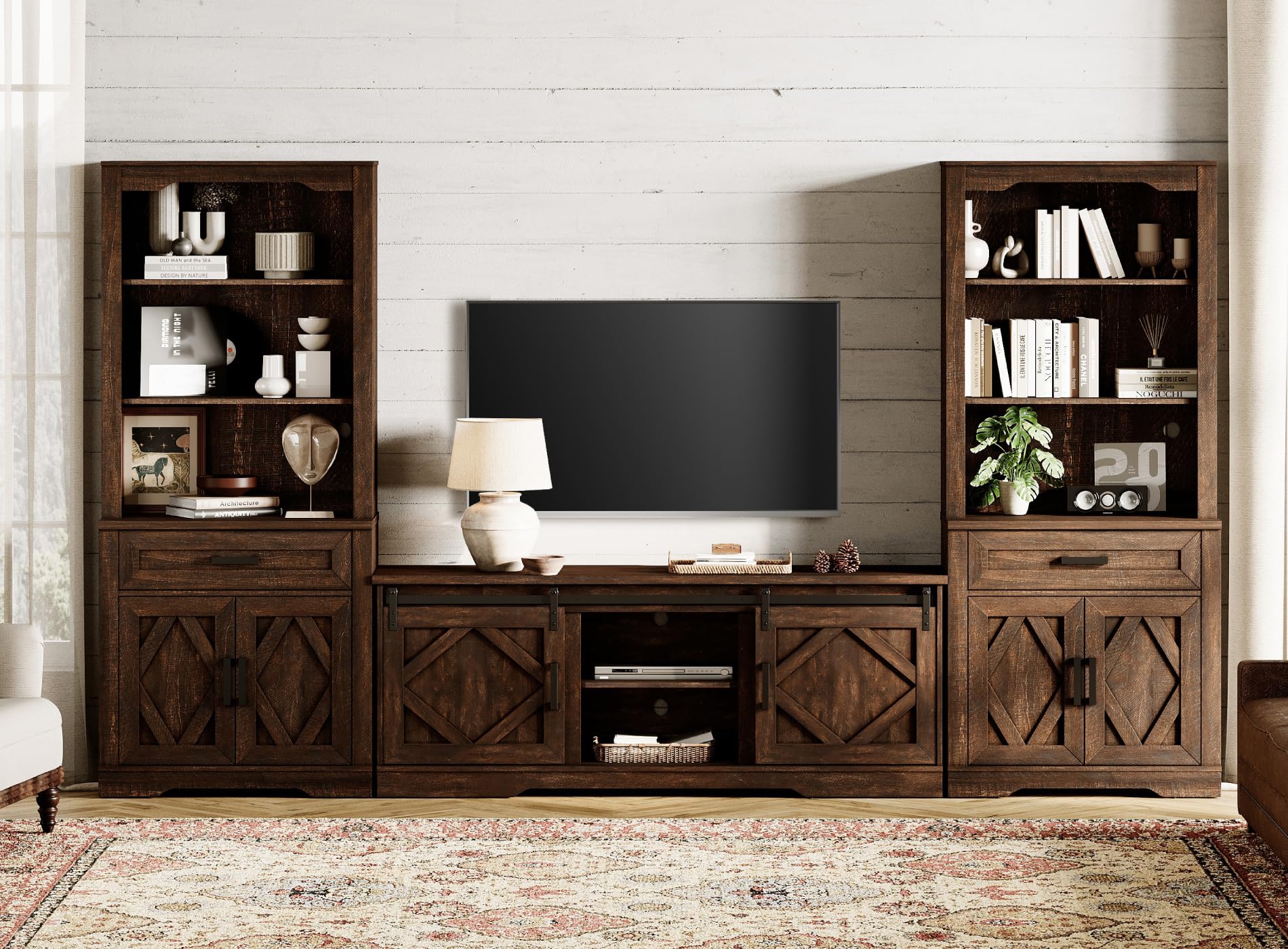 WAMPAT Farmhouse Entertainment Center with Bookshelves