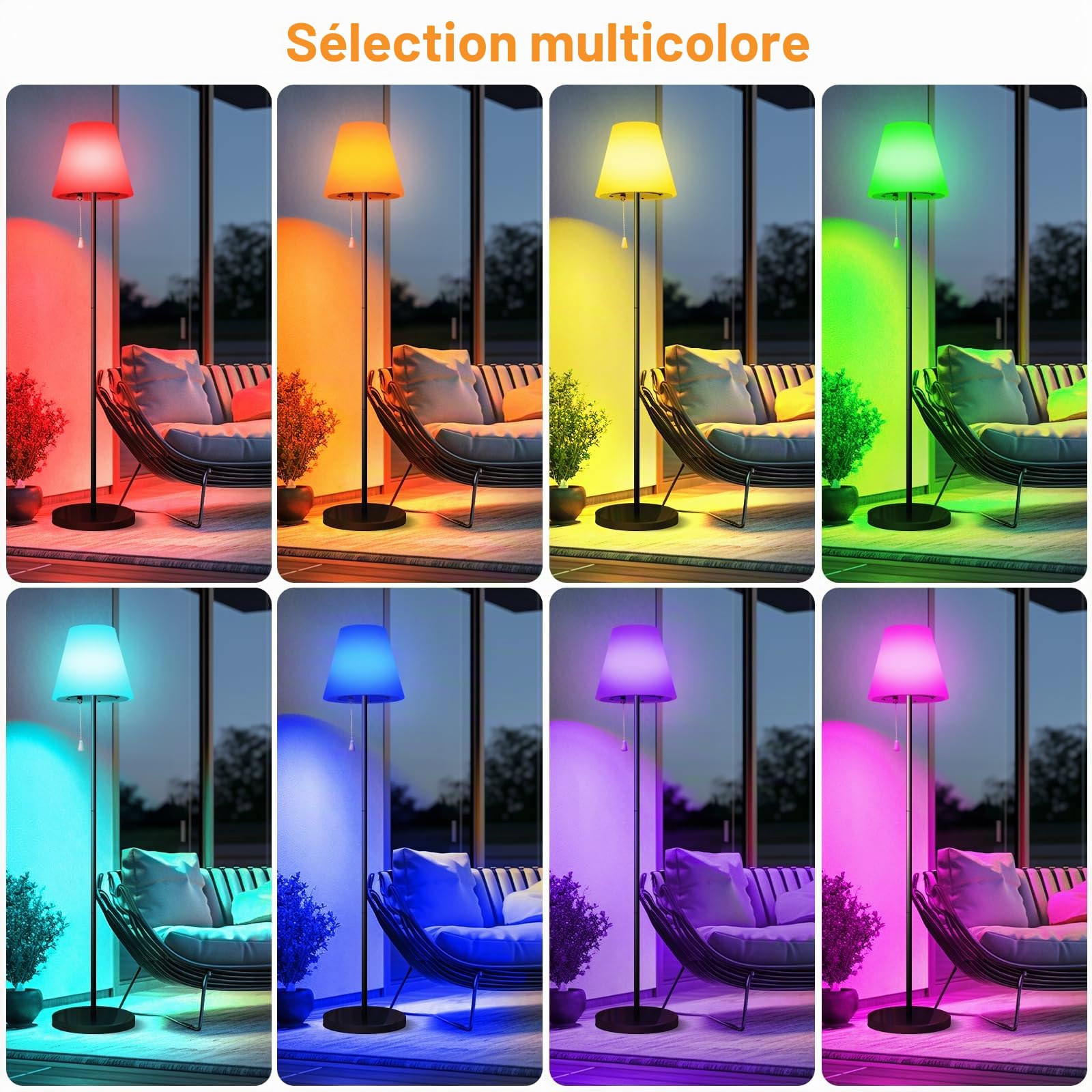 Lampe solaire sur pied pour extérieur avec capteur de lumière, étanche IP65, rechargeable par USB, intensité variable en blanc chaud et RGB, lampe sur pied sans fil pour terrasses, jardin, etc.