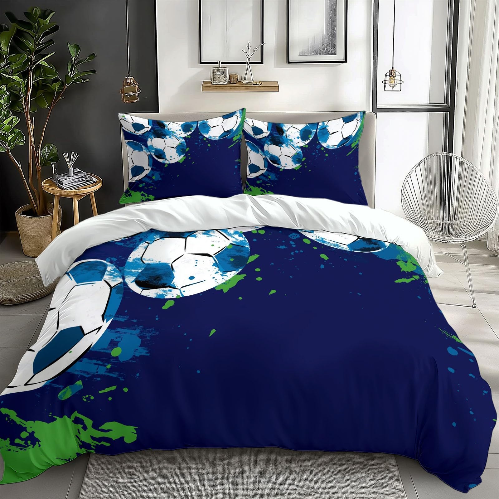 Blue Duvet Cover Queen Size for Kids Teen Watercolor Football Print Bedding Sets with 2 Pillowcase, Reversible Super Soft Bedroom Decor Bed Cover 3 Piece for Boys Girls