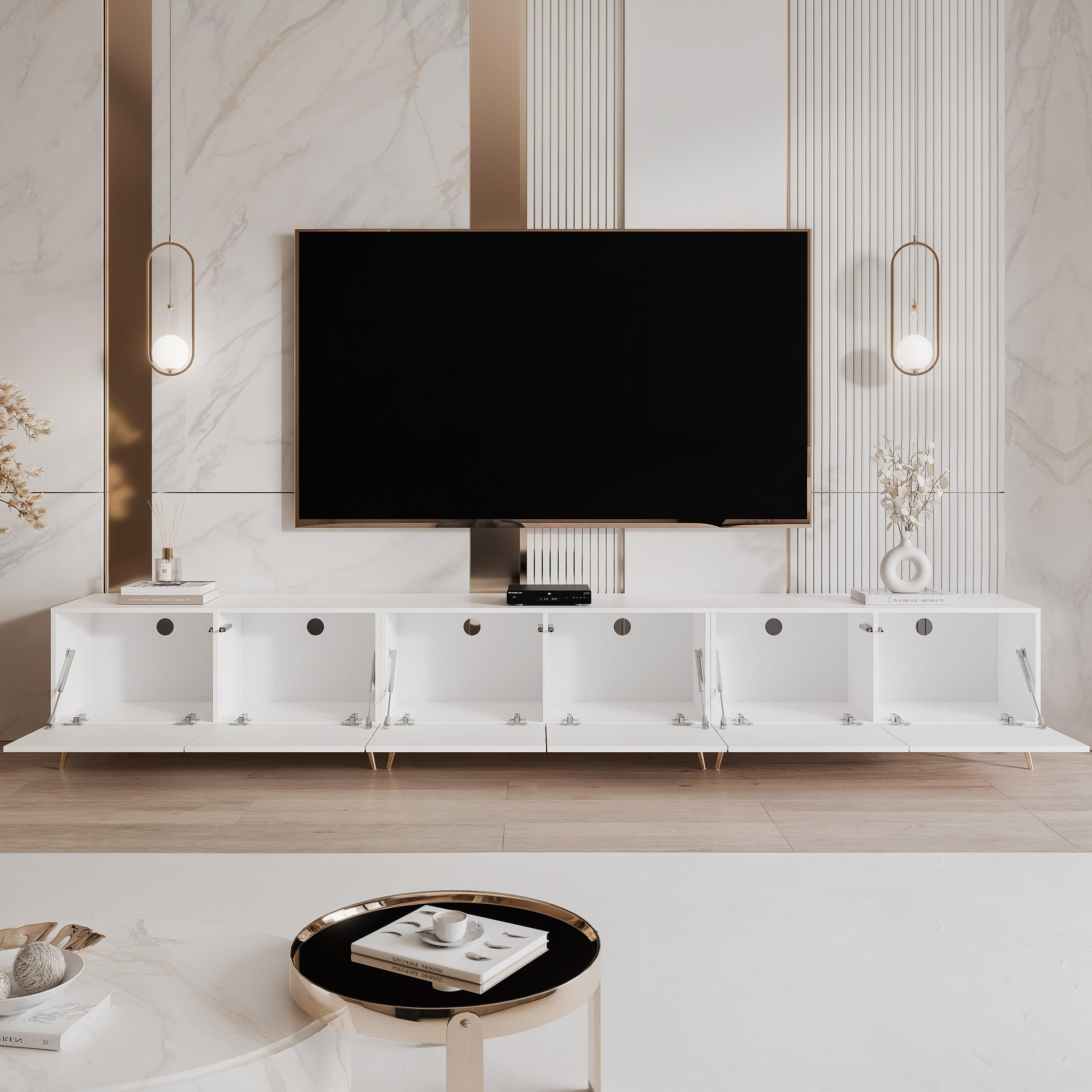 100/200/300 cm TV Lowboard Weiß Hochglanz 300cm mit 6 Praktischen Großen Fächern und LED Beleuchtung - TV Lowboard Stehend Passend Für Stilvolle Wohnräume