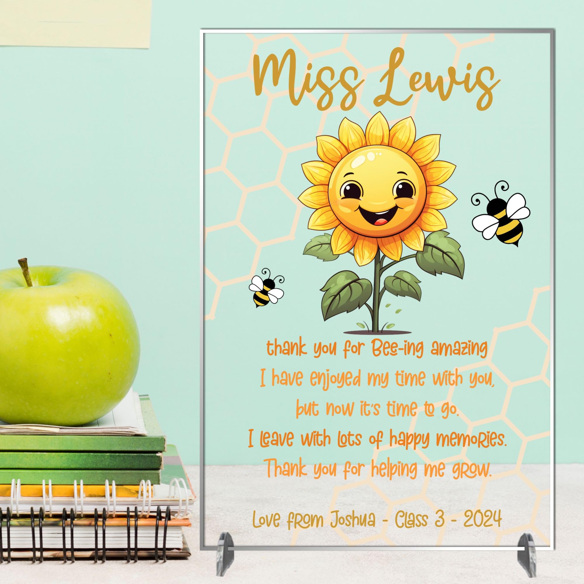 Personalised Teacher Farewell Freestanding Plaque - Thank You for Bee-ing Amazing Sunflower & Bee Design, Custom Message, Teacher End of Year Gift Keepsake Sign (Acrylic, A4-30cm x 21cm)