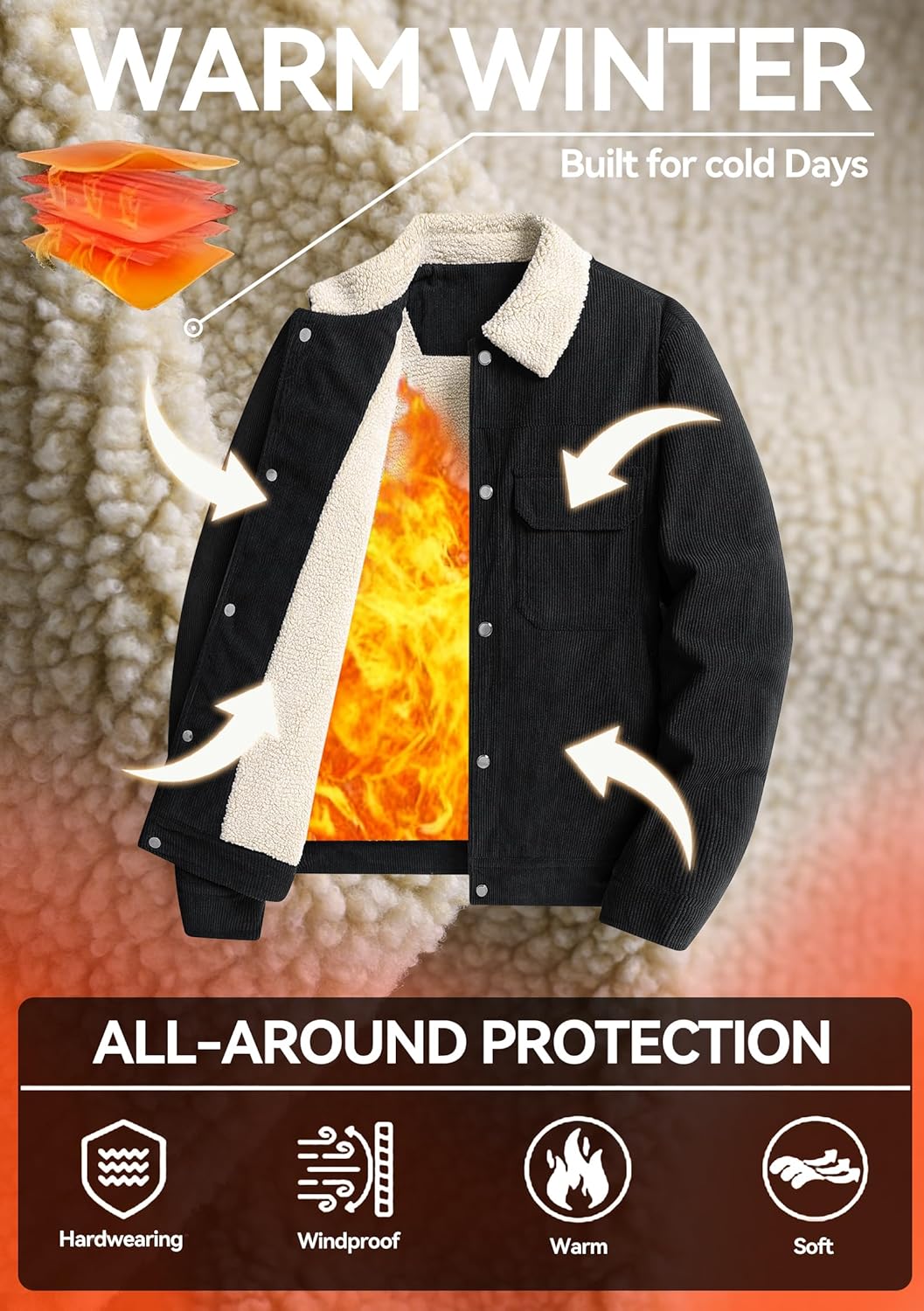 PEGENO Men's Corduroy Jacket Sherpa Lined Trucker Jacket for Men Button Down Thickened Winter Coats with 5 Pockets - Image 4