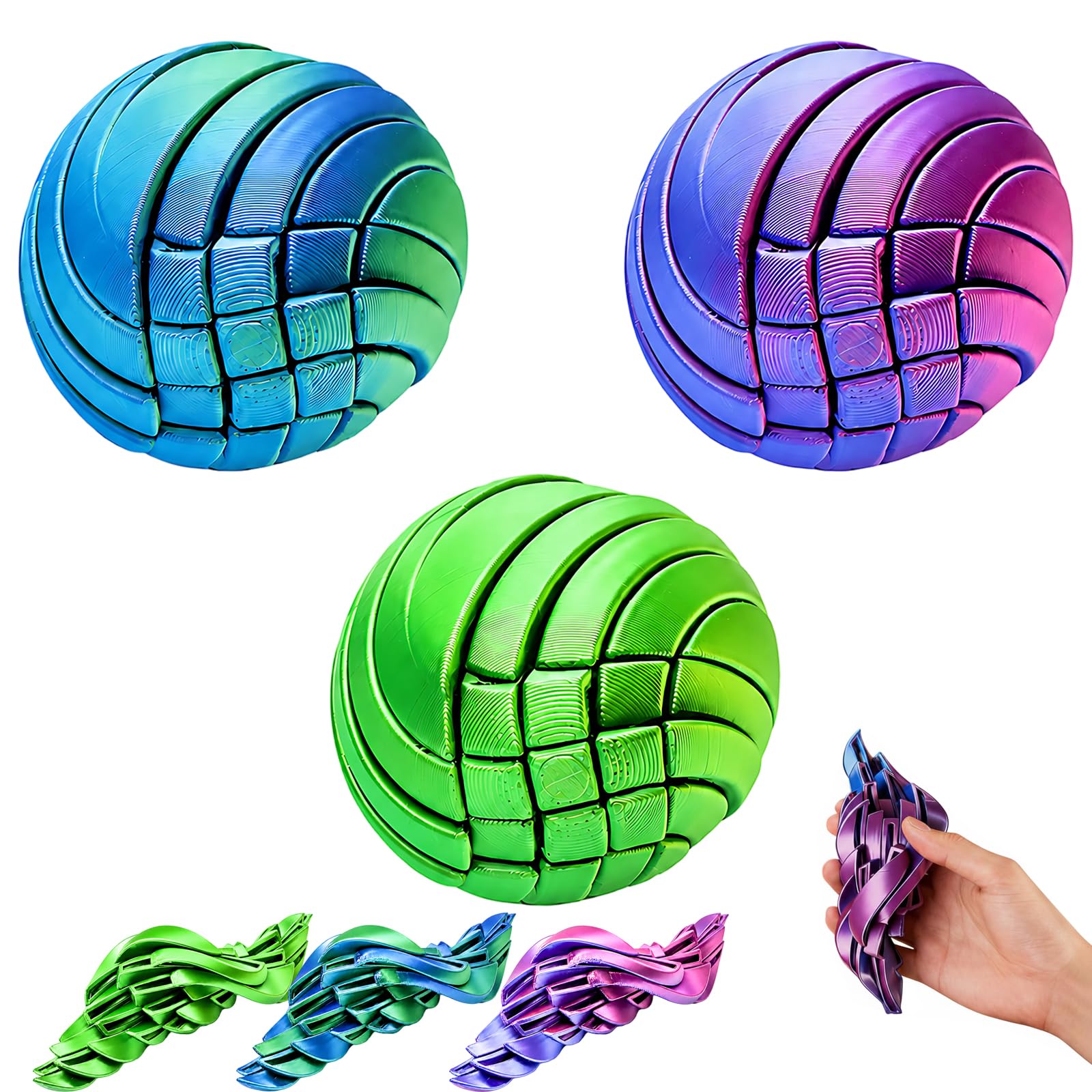 3Pcs 3D Printed Fidgets,Sensory Balls, Portable Desk Accessory for Office and Study, Purple Green and Teal Colour Collection