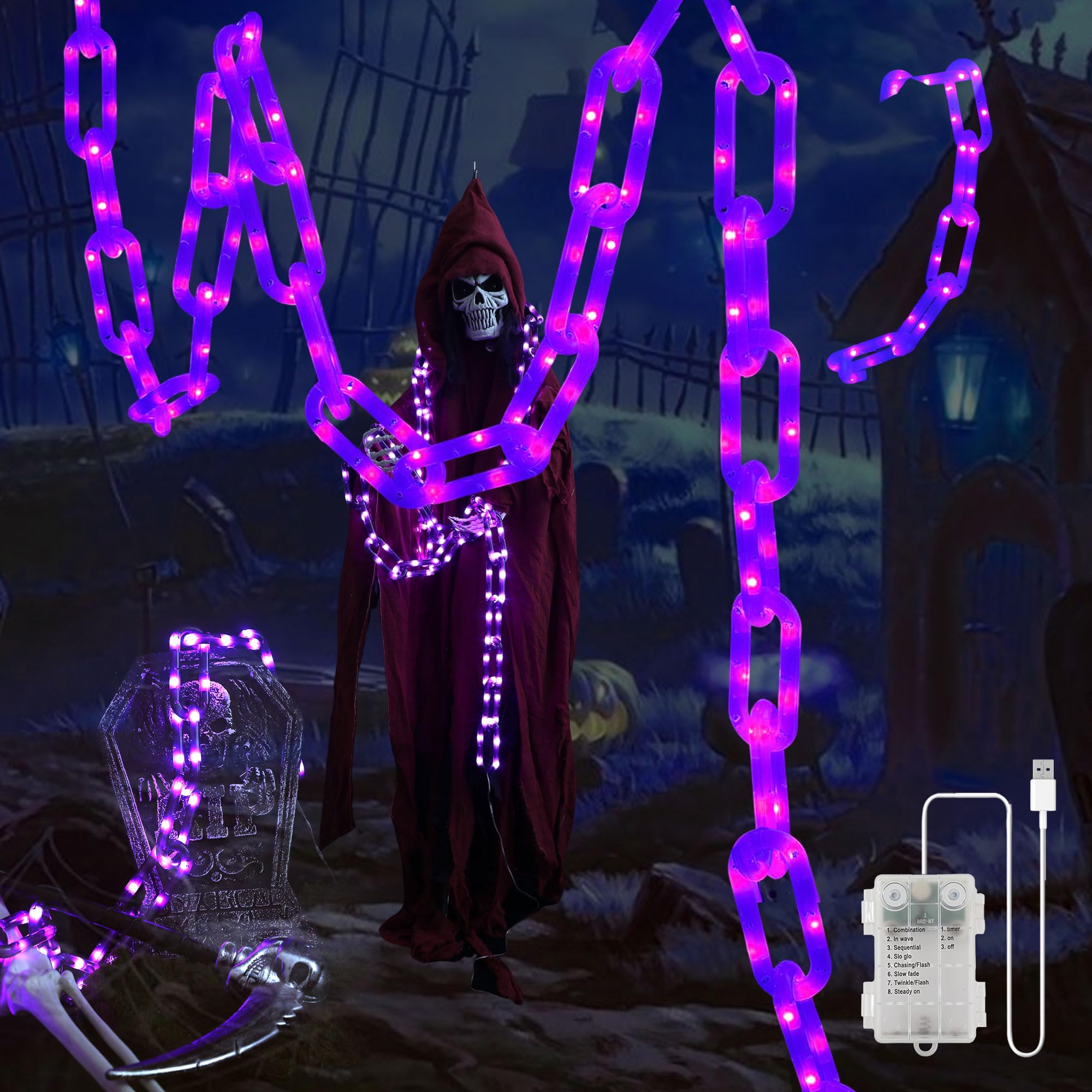 Catena di luci in plastica da 3 m per decorazioni di Halloween, USB e batteria, 175 luci a LED con timer, luce viola, 8 modalità impermeabili, per Halloween, interni ed esterni, decorazione per