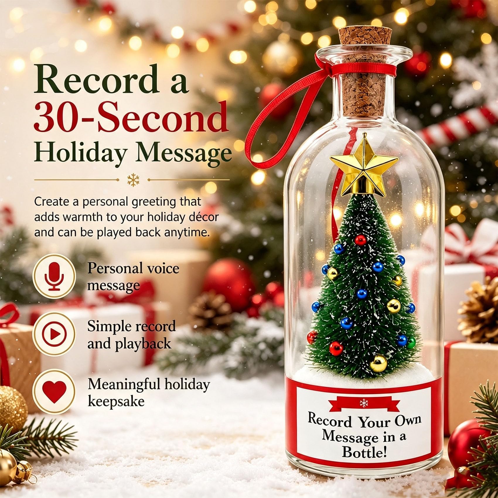 Bottiglia in vetro con albero di Natale messaggio vocale registrabile (A#) | Messaggio natalizio in bottiglia, ricordo con funzione di riproduzione vocale da 30 secondi, decorazione o regalo natalizio