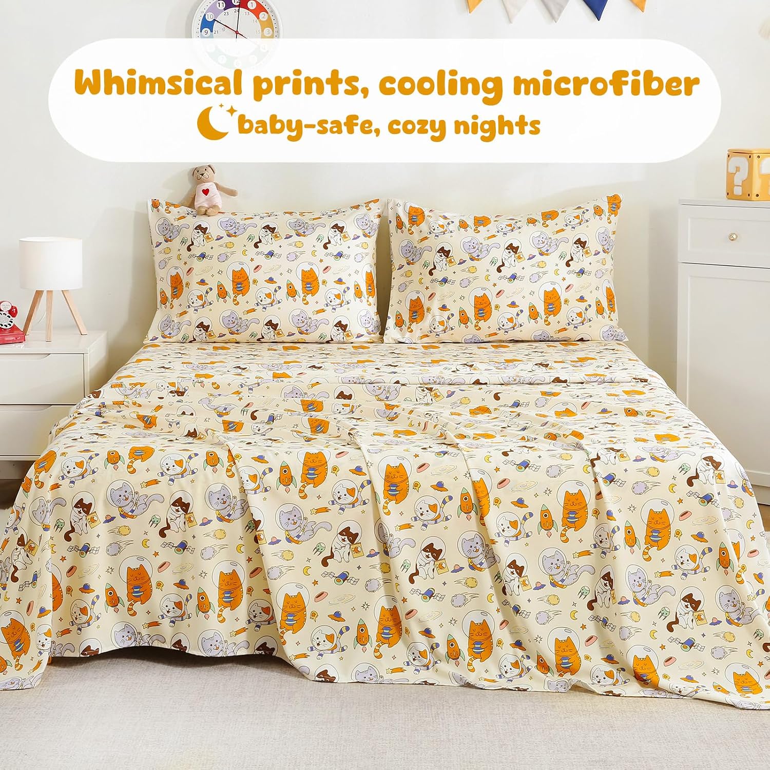 LONAVA Full Sheet Set Kids - 4 Pieces Soft Microfiber Cartoon Style Bedsheets for Boys Girls Teens, Oeko TEX, Breathable Deep Pocket Sheets, (Space Cat) image 4