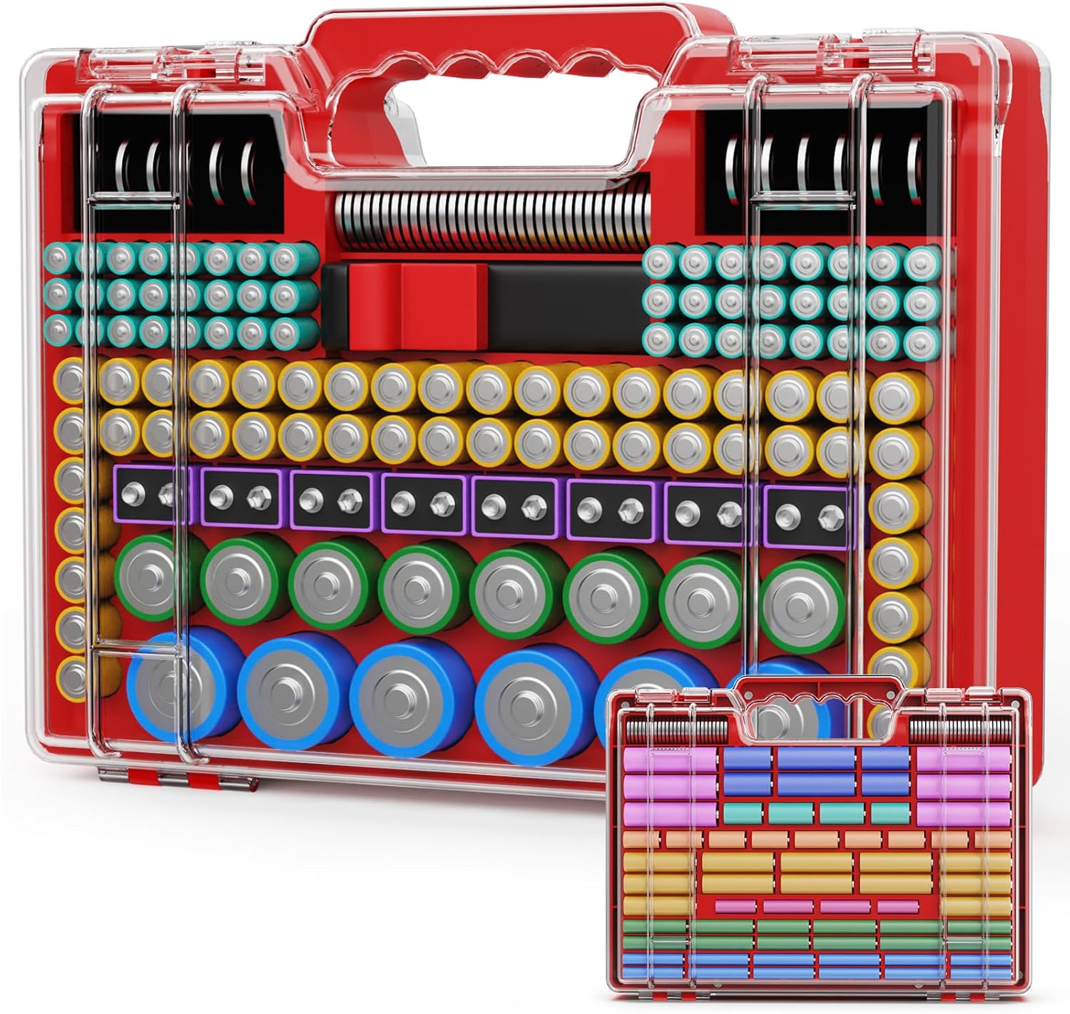 Battery Organizer Storage Holder Box Case with Tester, Ultra-Large 262+ Batteries Container with Double-Sided, Holds AA AAA 4A 23A C D Cell 9V 3V Lithium 4LR44 CR3 CR123A 18650 (Red)