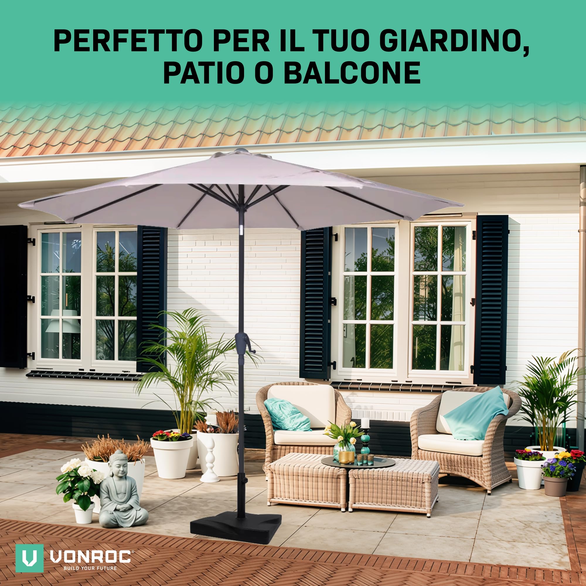 VONROC Ombrellone da giardino Rapallo 200x300 cm con Inclinazione Regolabile, UPF 50+, Manovella Facile e Copertura Protettiva Inclusa Nero