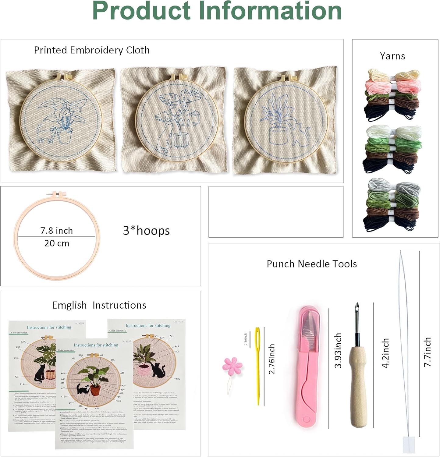 Myfelicity Punch Needle Kit for Adults, Beginners, Cat and Greenery Patterns, Includes Punching Needle Supplies