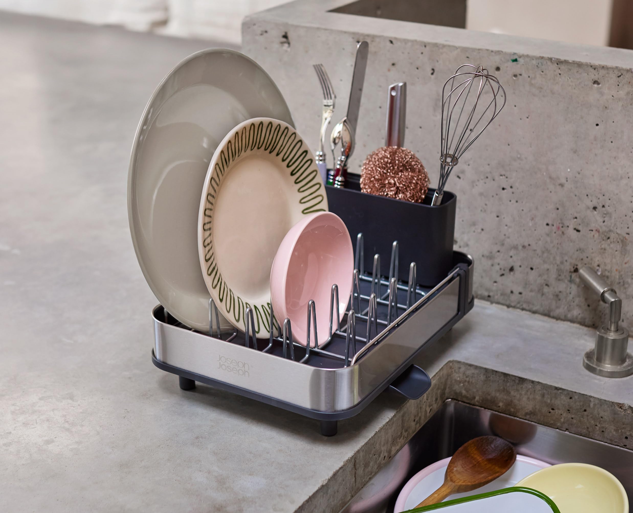 Joseph Joseph Extend Slim Steel Expandable Compact Dish Drainer Rack With Removable Cutlery Holder, Swivel Draining Spout, Grey - Image 2