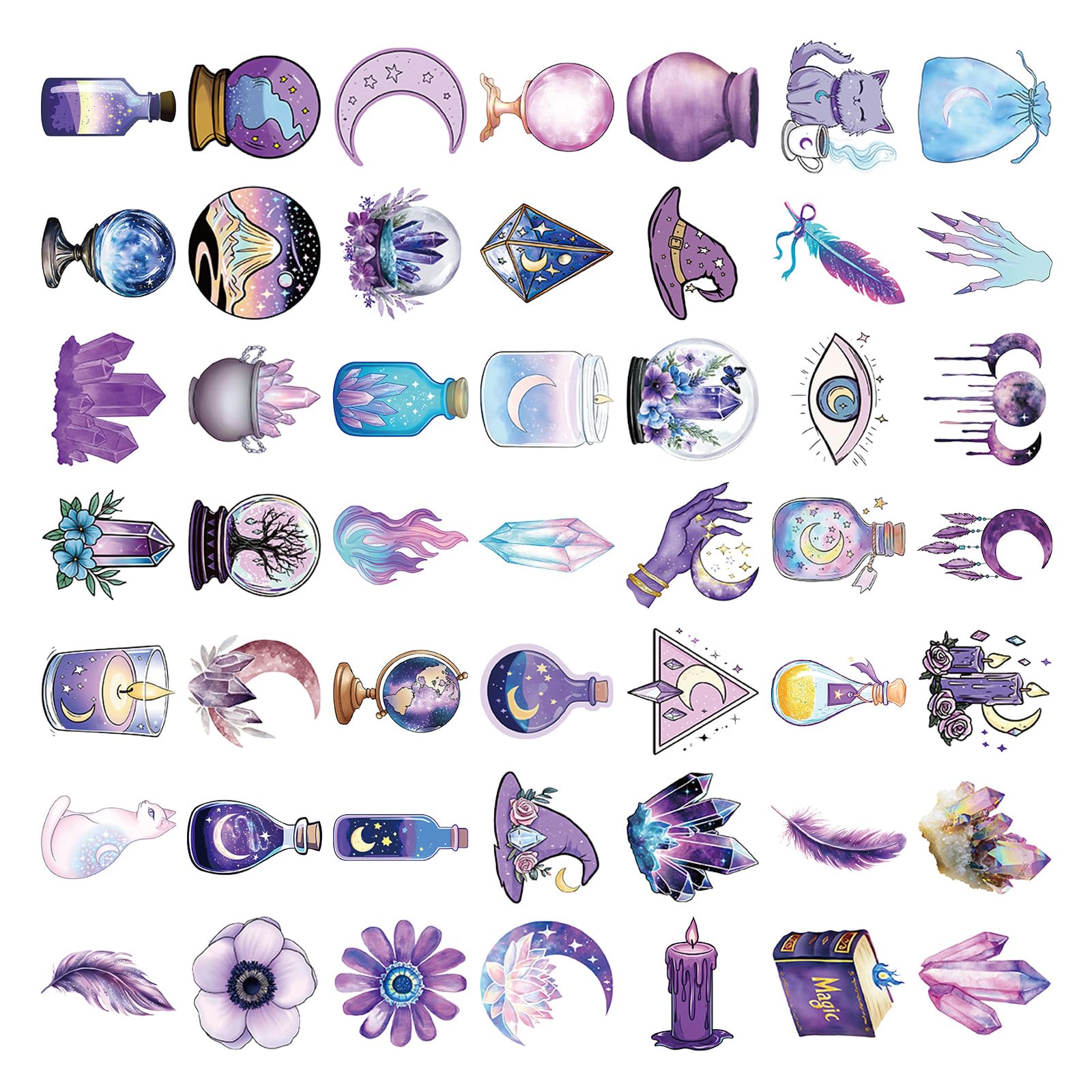 50Pcs Witch Theme Sticker Water Resistant PET Decorative Sticker for Scrapbooking Notebook Journal Water Bottle Laptop Clear Witch