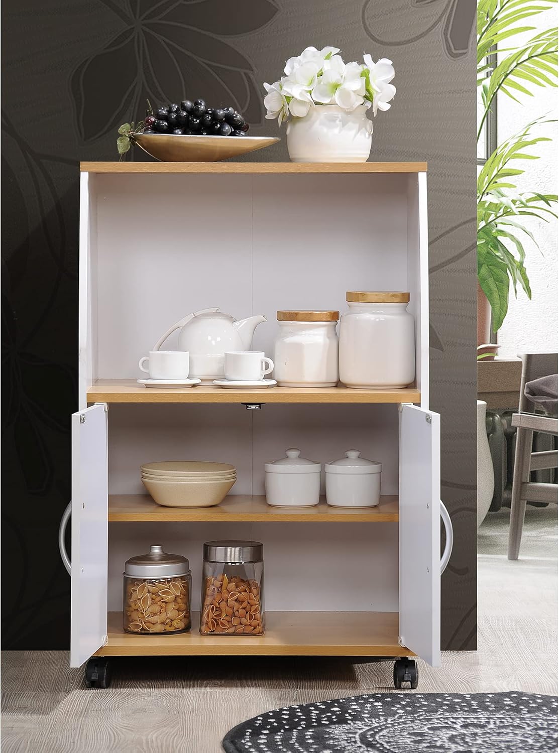 Hodedah Mini Microwave Cart with Two Doors and Shelf for Storage, Beech