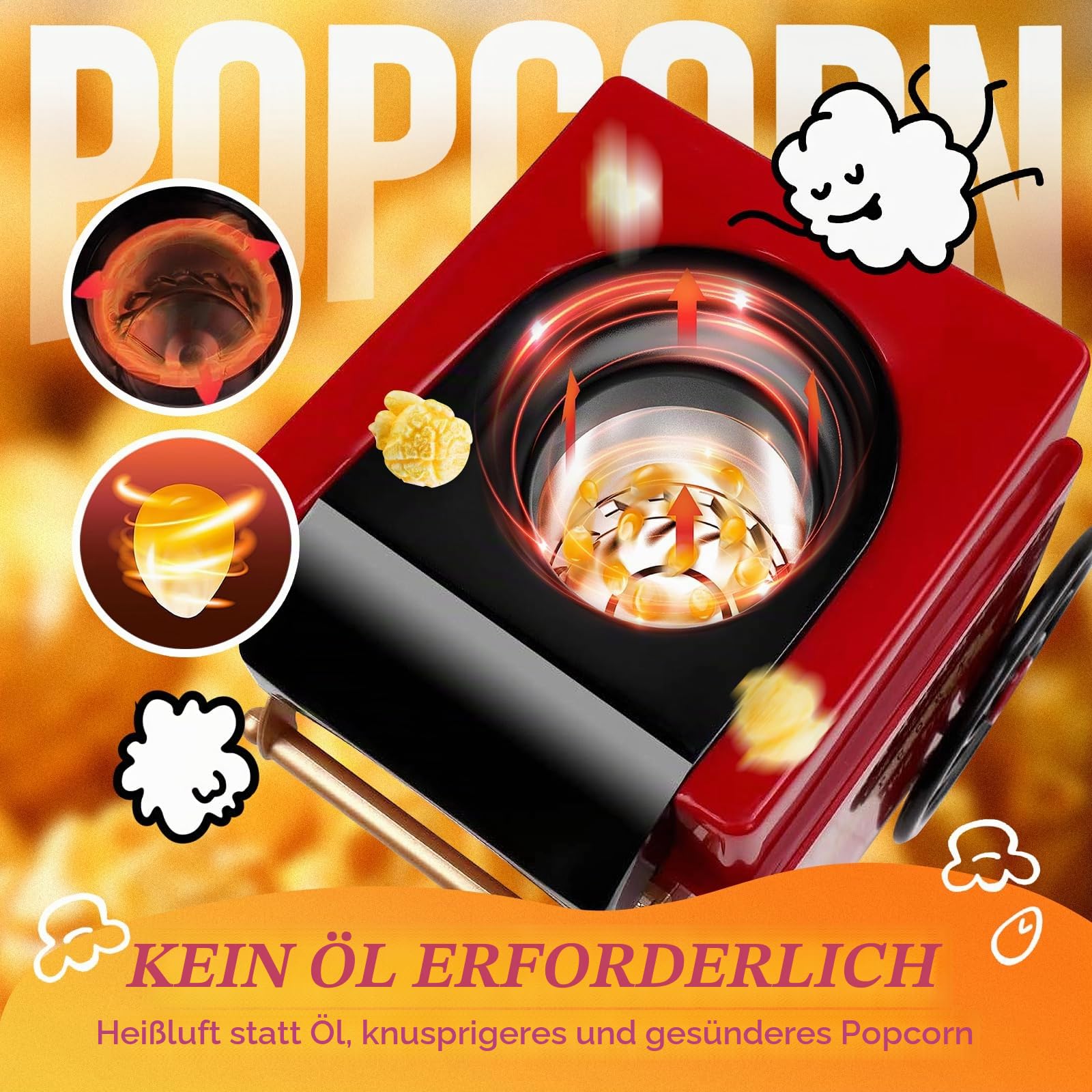 Popcorn-Maschine, Heißluft-Popcorn-Maker-Set, Geschenk-Box, tragbare Popcorn-Popper-Maschine, 10 Tassen, ölfrei, Retro-Stil, kompakt, EU