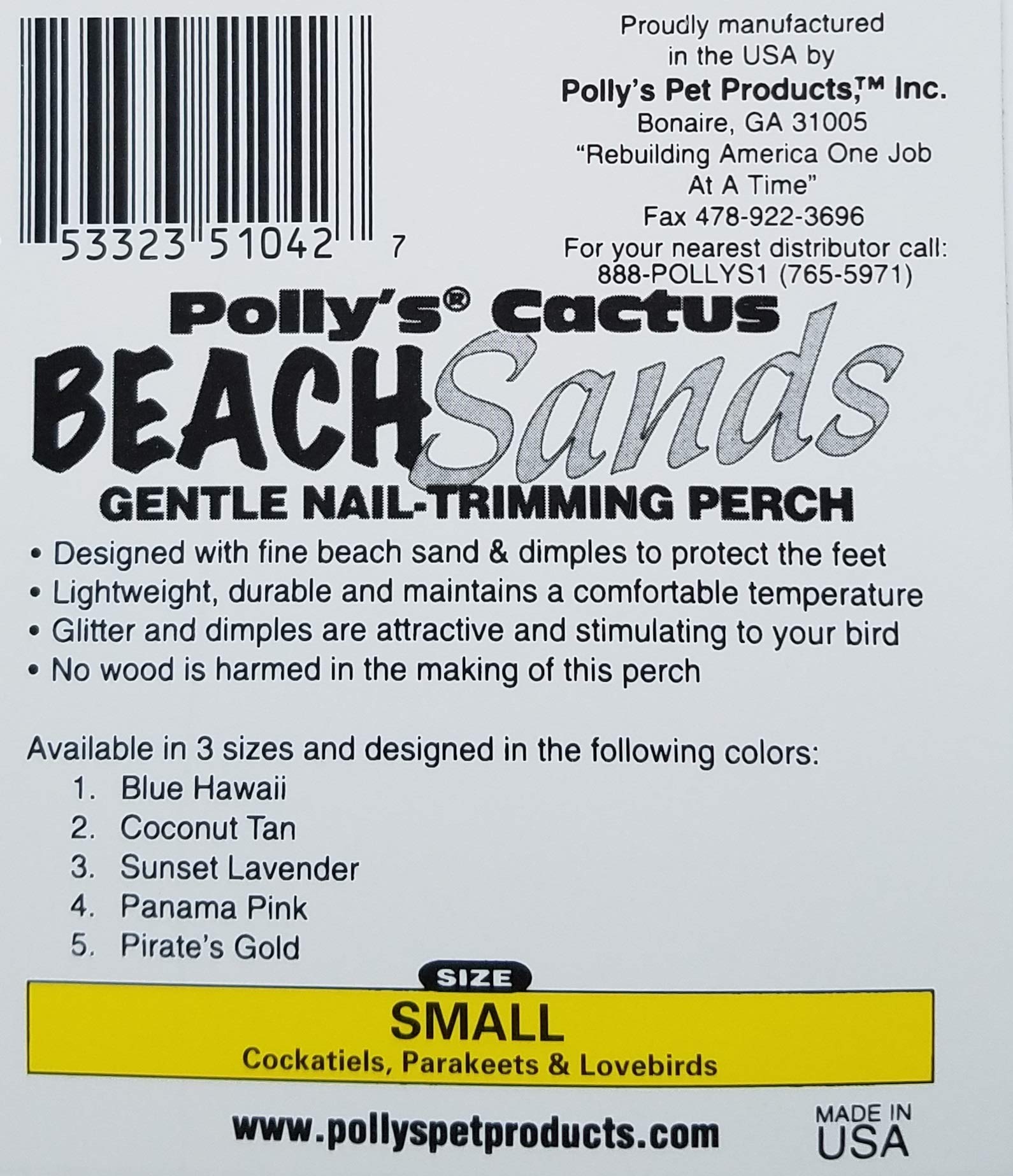 Polly's Beach Sands Bird Perch - Small Size, 5.5" Long, For Nail Trimming, Assorted Colors