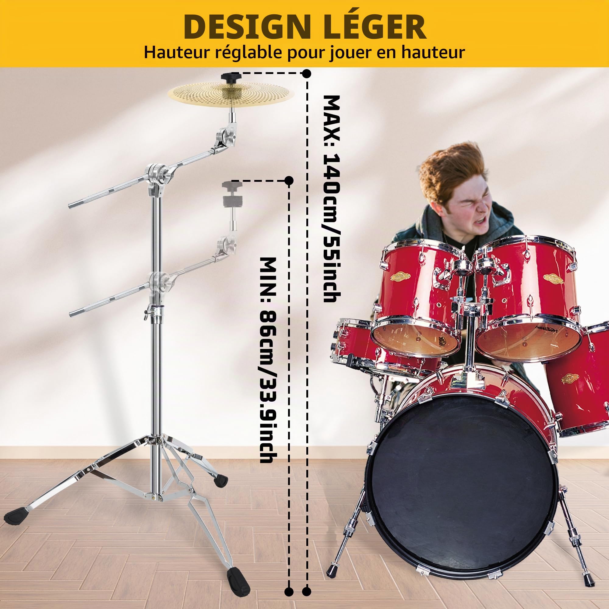 AKOZLIN Support de cymbale à balancier,support de basse avec crochets | réglable de 84 à 115 cm trépied double renforcé, chromé