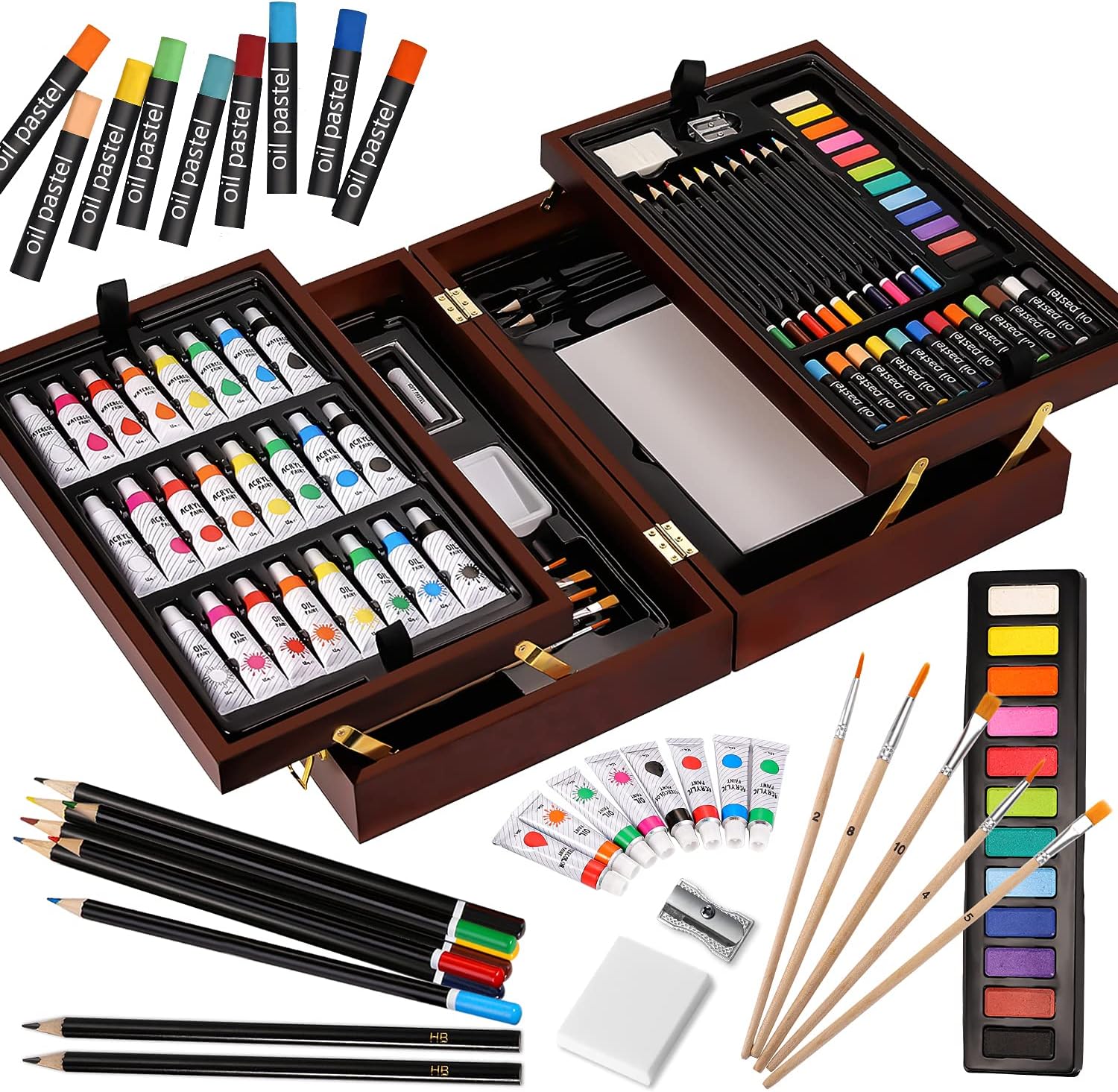 Vigorfun Deluxe Art Set in Wooden Case, Portable Art Painting Kit Includes Acrylic & Watercolor & Oil Paints, Oil Pastels, Colored Pencils, Creative Art Supplies Gift for Kids, Adults, Teens Girls Boys