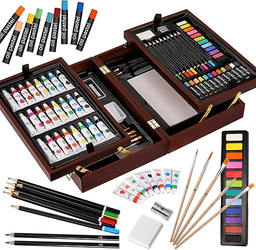Vigorfun Deluxe Art Set in Wooden Case, with Soft & Oil Pastels, Acrylic & Watercolor Paints, Water Color, Sketching, Charcoal & Colored Pencils, Watercolor Cakes and Tools (Wooden)