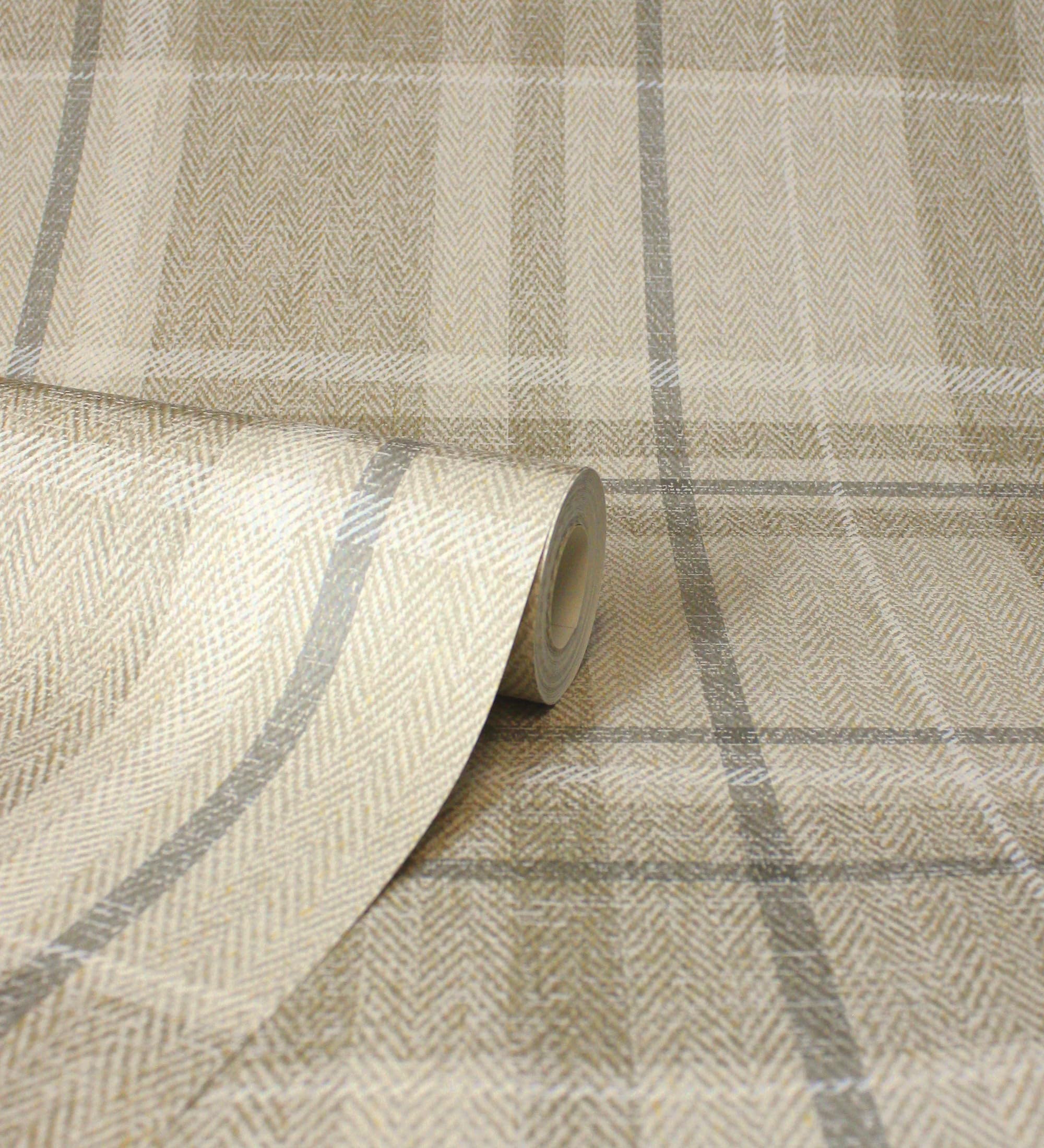 GAULAN 683559 - Papel pintado de cuadros escoceses fondo efecto textil de espiga en tonos beige para pared salón dormitorio pasillo comedor - Rollo de 10 m x 0,53 m