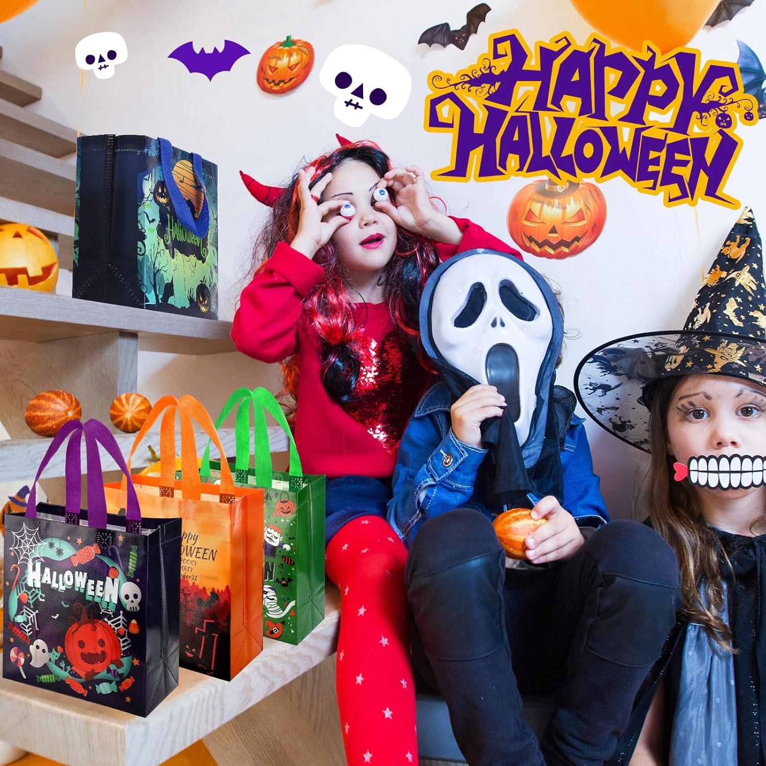 Silkfly 100 Pcs Halloween Bags Bulk Non Woven Halloween Candy Bags with Handles Multifunctional Goodies Party Supplies Tote for Gifts Wrapping, 9 x 8.7 x 4.3 Inch - Image 6