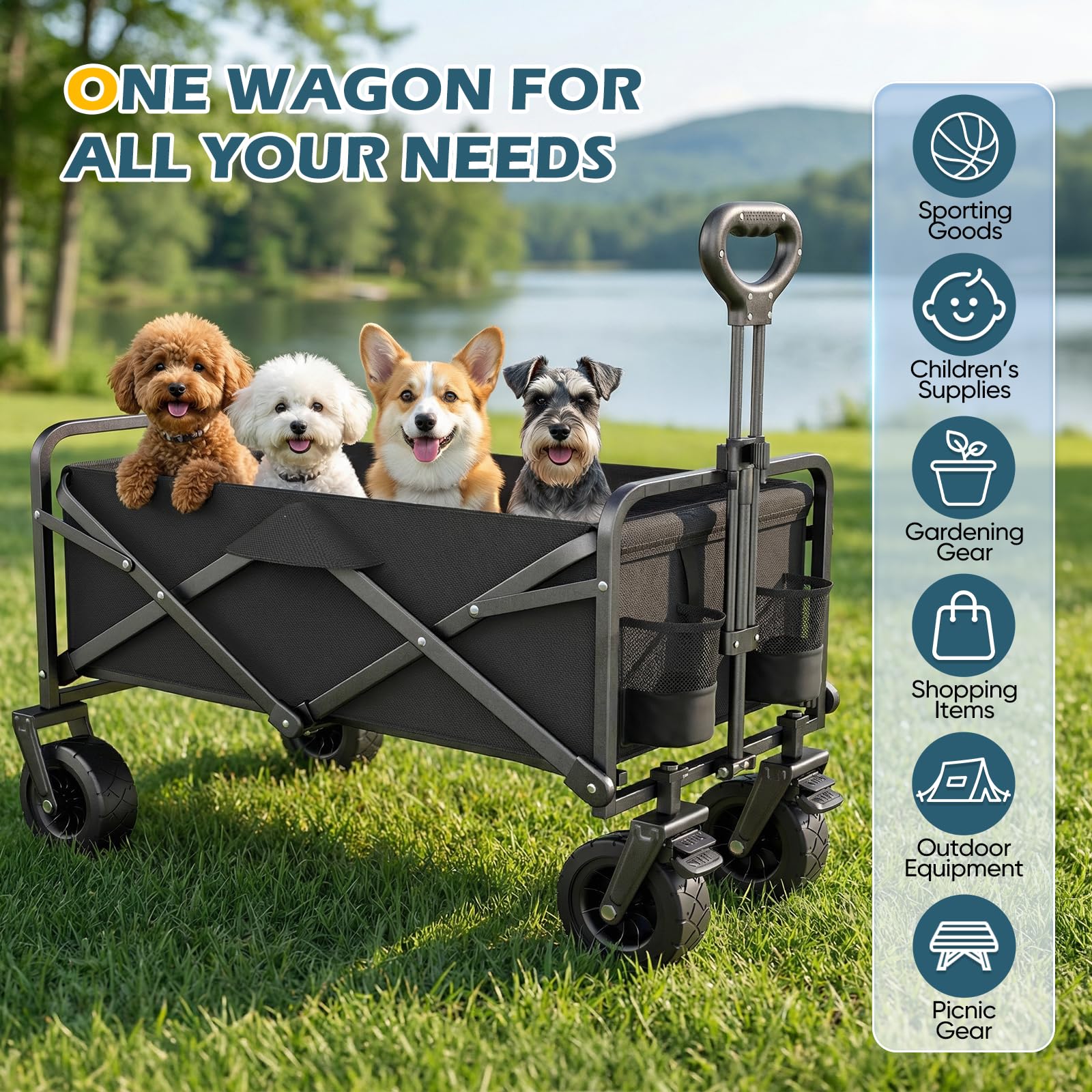 Carrello da giardino pieghevole da 100L con ruote larghe rimovibili, carrello da campeggio portatile, carrello pieghevole per spiaggia, giardino, picnic, shopping, pesca, manico regolabile, nero