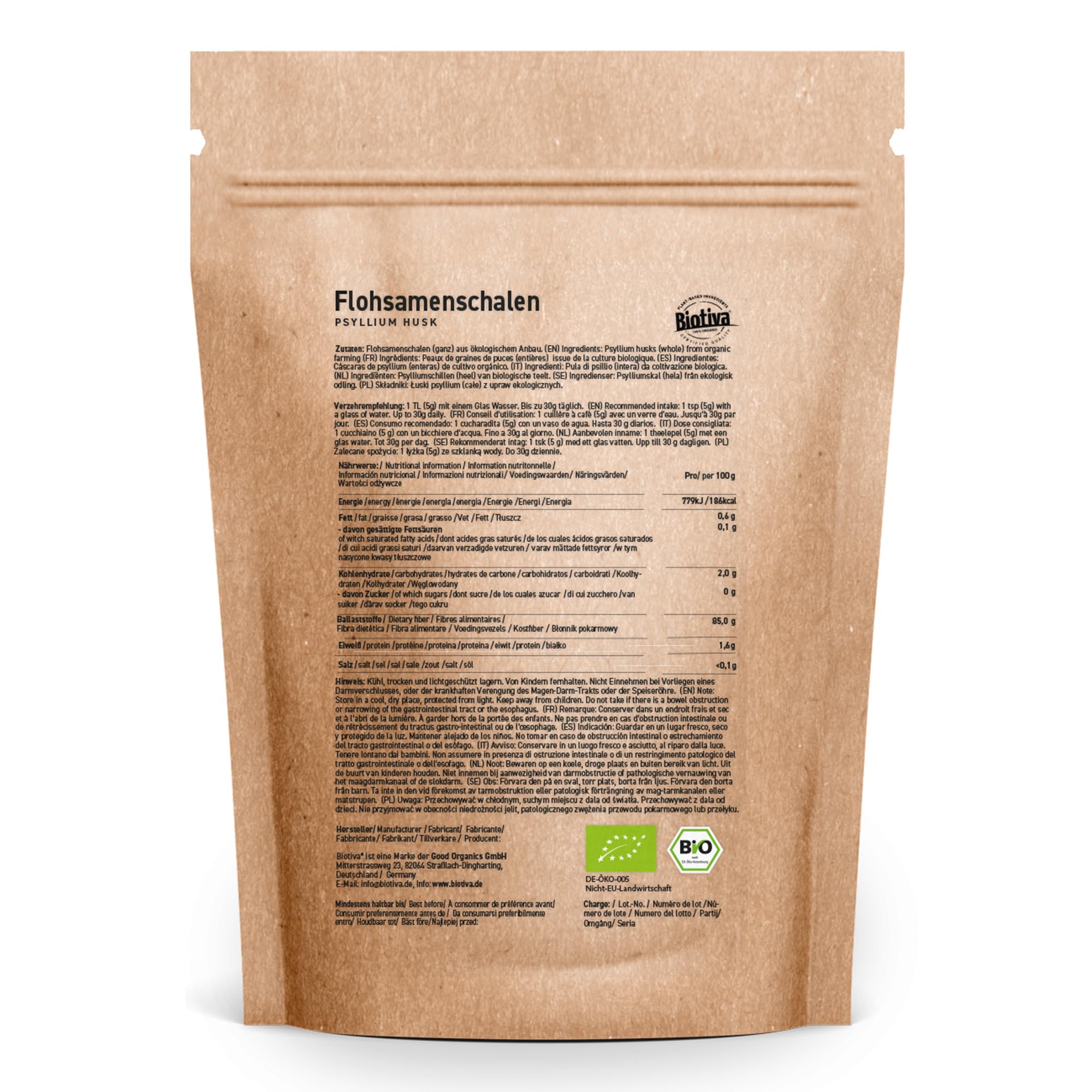 Flohsamenschalen Bio 99% Reinheit 2kg (2x1kg) - Geprüfte Lebensmittelqualität - Reich an Ballaststoffen - Psyllium husk - Abgefüllt und kontrolliert in Deutschland - Biotiva