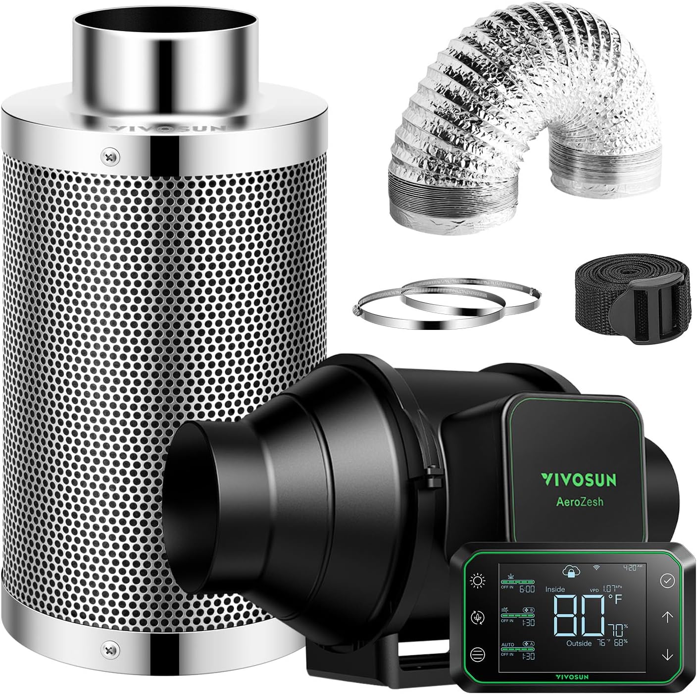 VIVOSUN Smart Air Filtration PRO S4 Kit 4", AeroZesh S4 Inline Duct Fan w/GrowHub E42A Temp. Humidity WiFi-Controller, Carbon Filter & Ducting, Cooling & Ventilation System for Grow Tent, Hydroponics