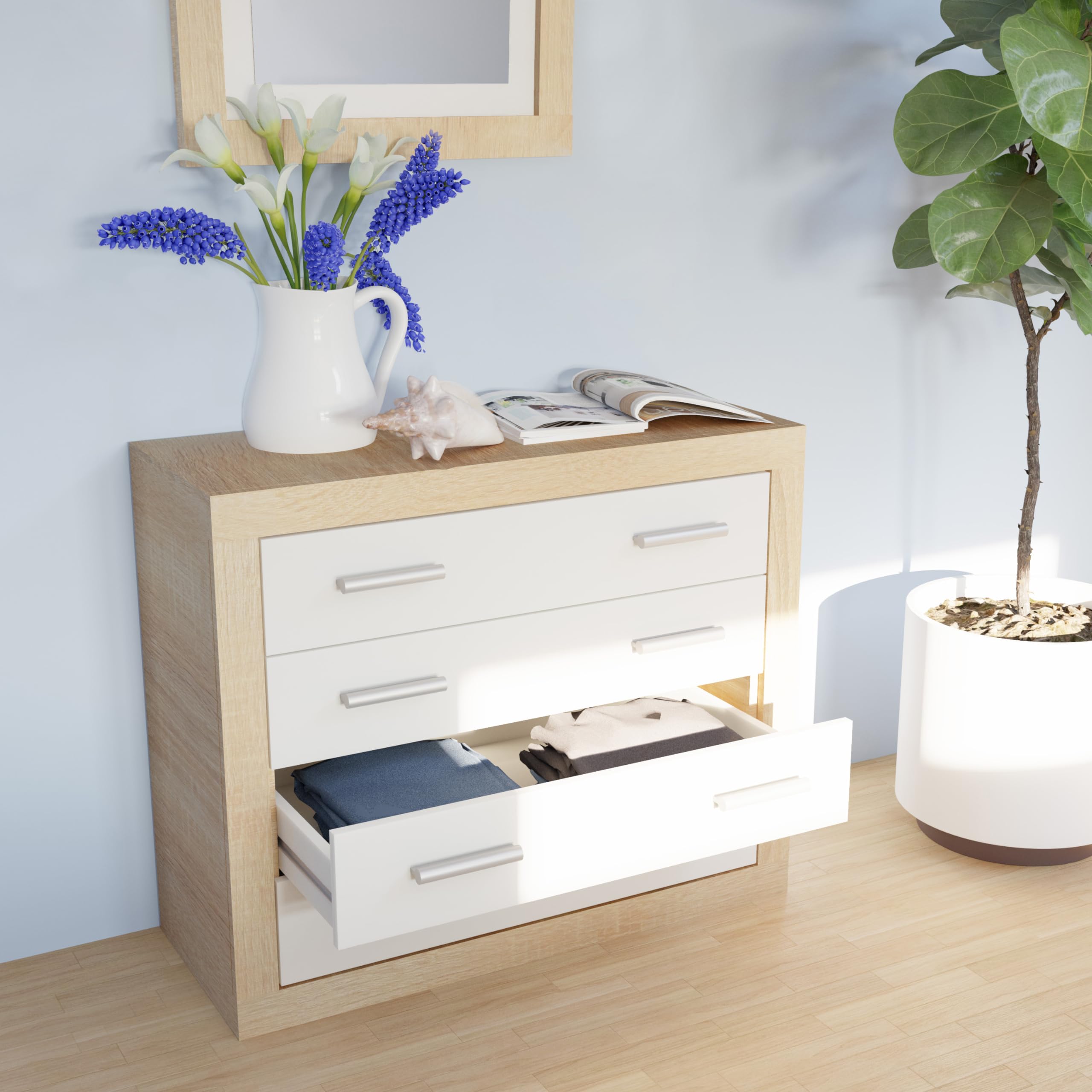 duehome | Conjunto de Dormitorio Kira 4c - Cabecero + 2 Mesitas de Noche + Comoda y Espejo, Acabado en Cambria y Blanco