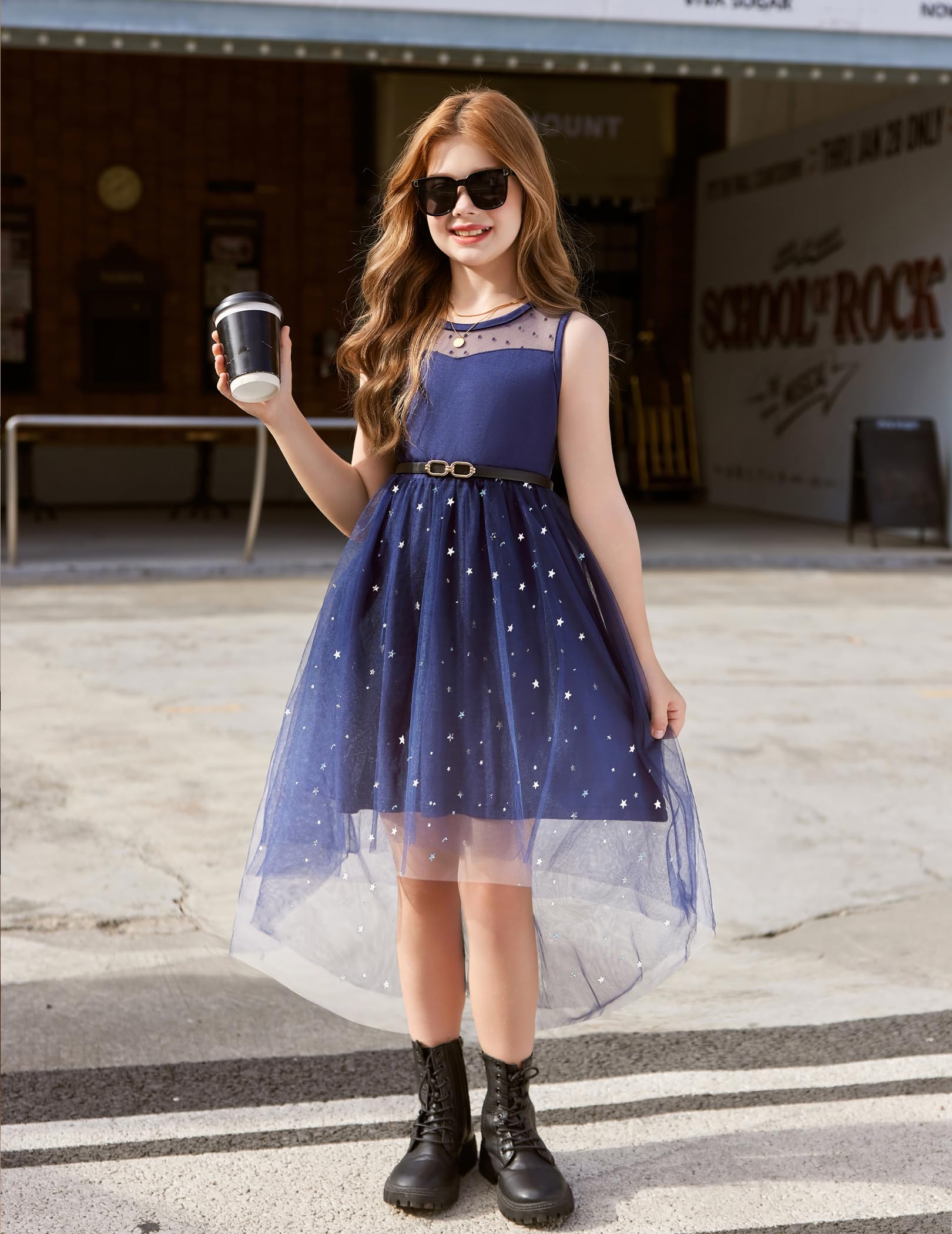 Arshiner Vestito da bambina, senza maniche, estivo, per feste, matrimoni, comunioni, damigelle, damigelle, ragazze, abito in tulle, con orlo asimmetrico e cintura, 6-15 anni