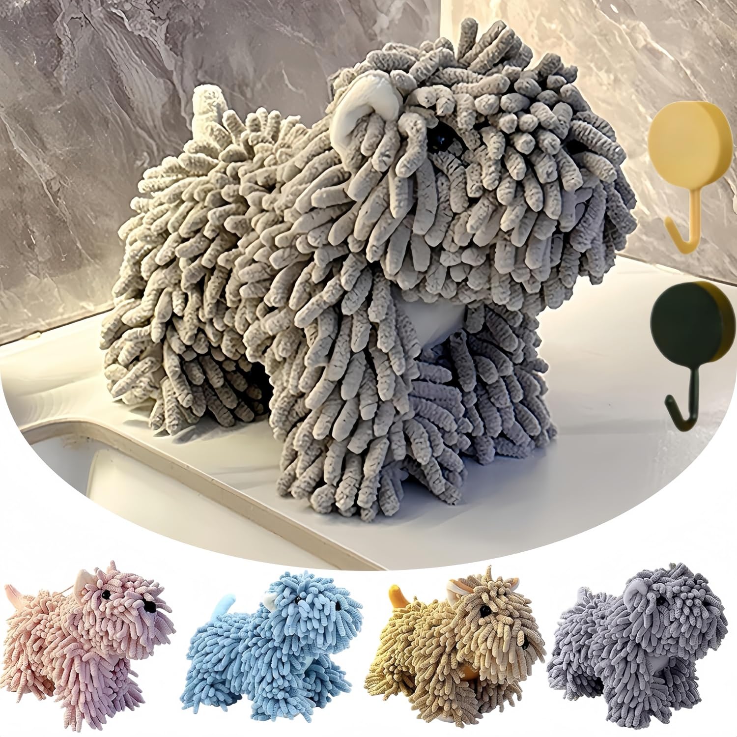Fuzzy Ball Hand Towel,Chenille Hand Towel Dog,Soft and Super Absorbent Puppy Towel,Can be Hung/Stood,for Bathroom/Kitchen Countertops. (Grey)