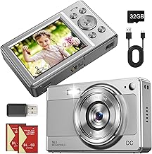 Digital Photo Camera, Compact Vintage Digital Camera, Photography Camera with 32GB Card for Kids Beginners Adult, 2.8 Inches, 56MP, 1080P FHD, Two Batteries (Silver)