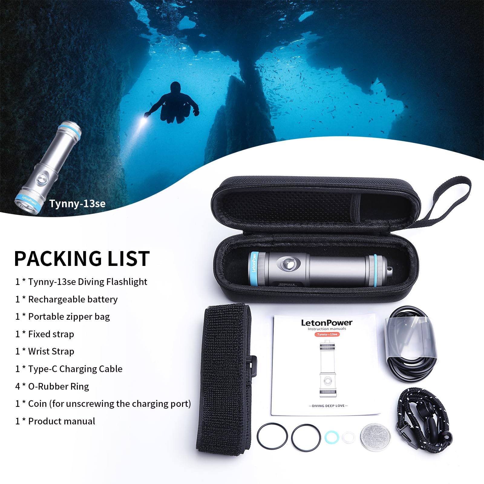 Tynny-13se Linterna de buceo compacta de 2200 lúmenes, 6 modos, luz de buceo, luz de esnórquel con batería recargable y carga tipo C para linterna de buceo (Plata)