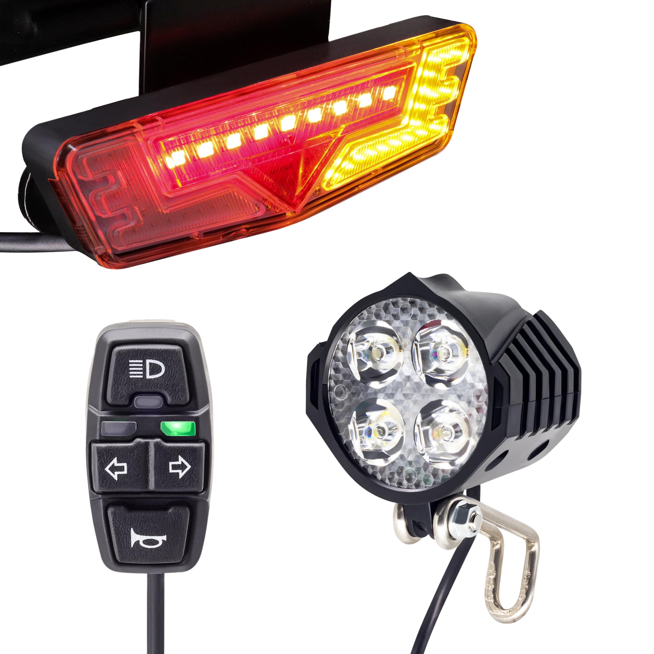 EBike Light Kit with Turn Signals, Front Headlight 400 Lumens, Rear Taillight fits Rack Holes 50mm 80mm, Handlebar Control Switch, for E-Bike and Electric Scooter 12V-48V
