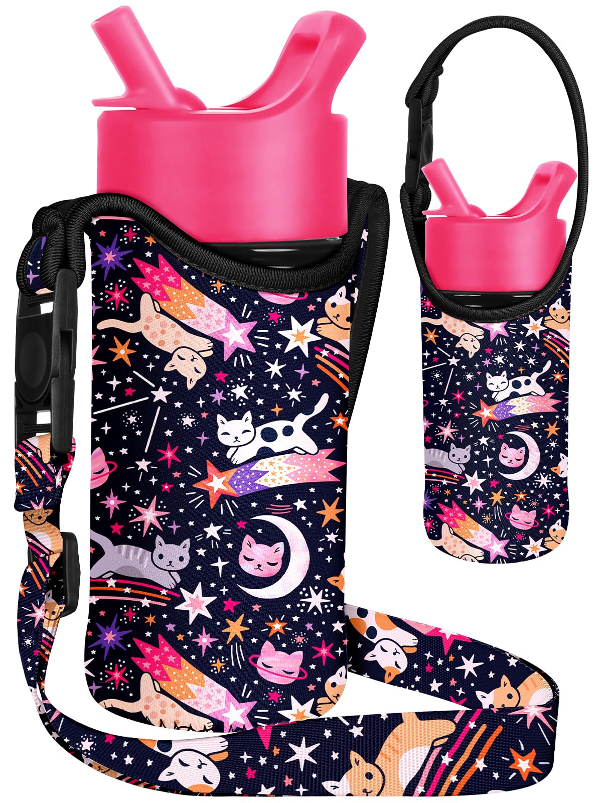 Miss Adola Water Bottle Carrier with Strap - Handheld Kids Water Bottle Holder for 10-16 oz Cute Cartoon Design Neroprene Crossbody Bottle Sling Bag for Boys Girls for Insulated Drink Bottle, Star Cat