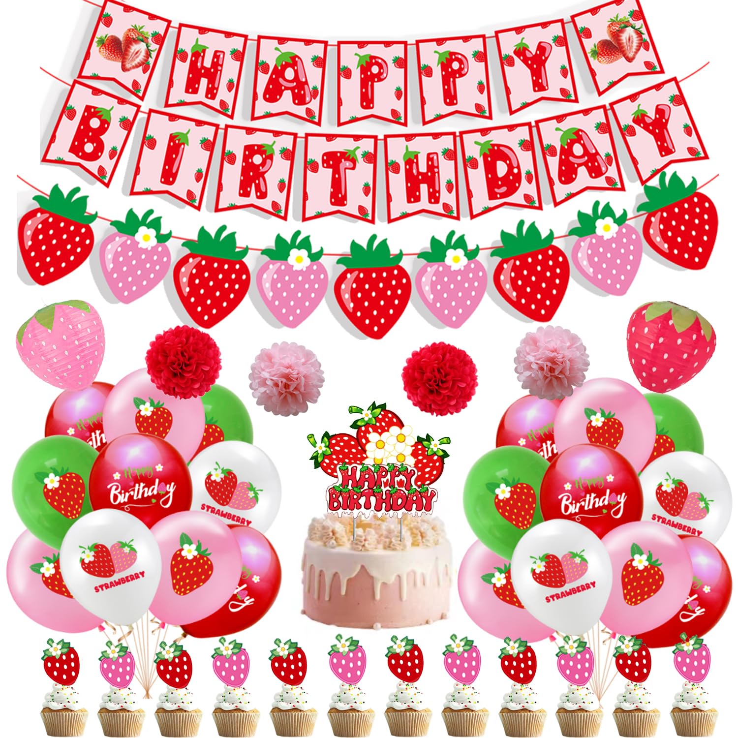 Strawberry 1st Birthday Party Decorations Include Strawberry Shortcake Birthday Banner Cake Toppers Balloons for Girl Berry First Sweet One Themed Birthday Berry Sweet Birthday Party Decorations