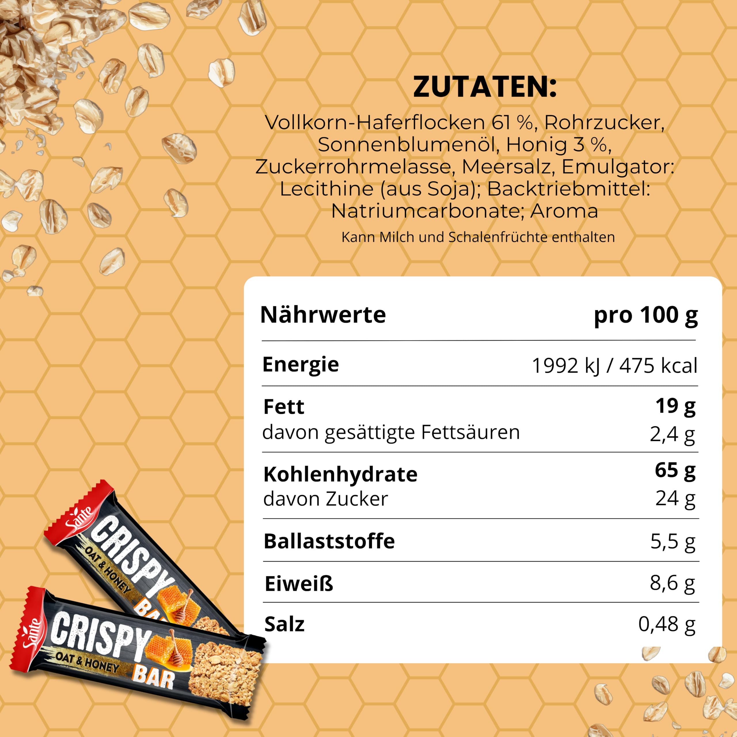 Sante Crispy Bar Baton Owsiany z Miodem, Chrupki Granola, 61% Pełnoziarniste Płatki Owsiane, 40g, Zestaw 24 Sztuki